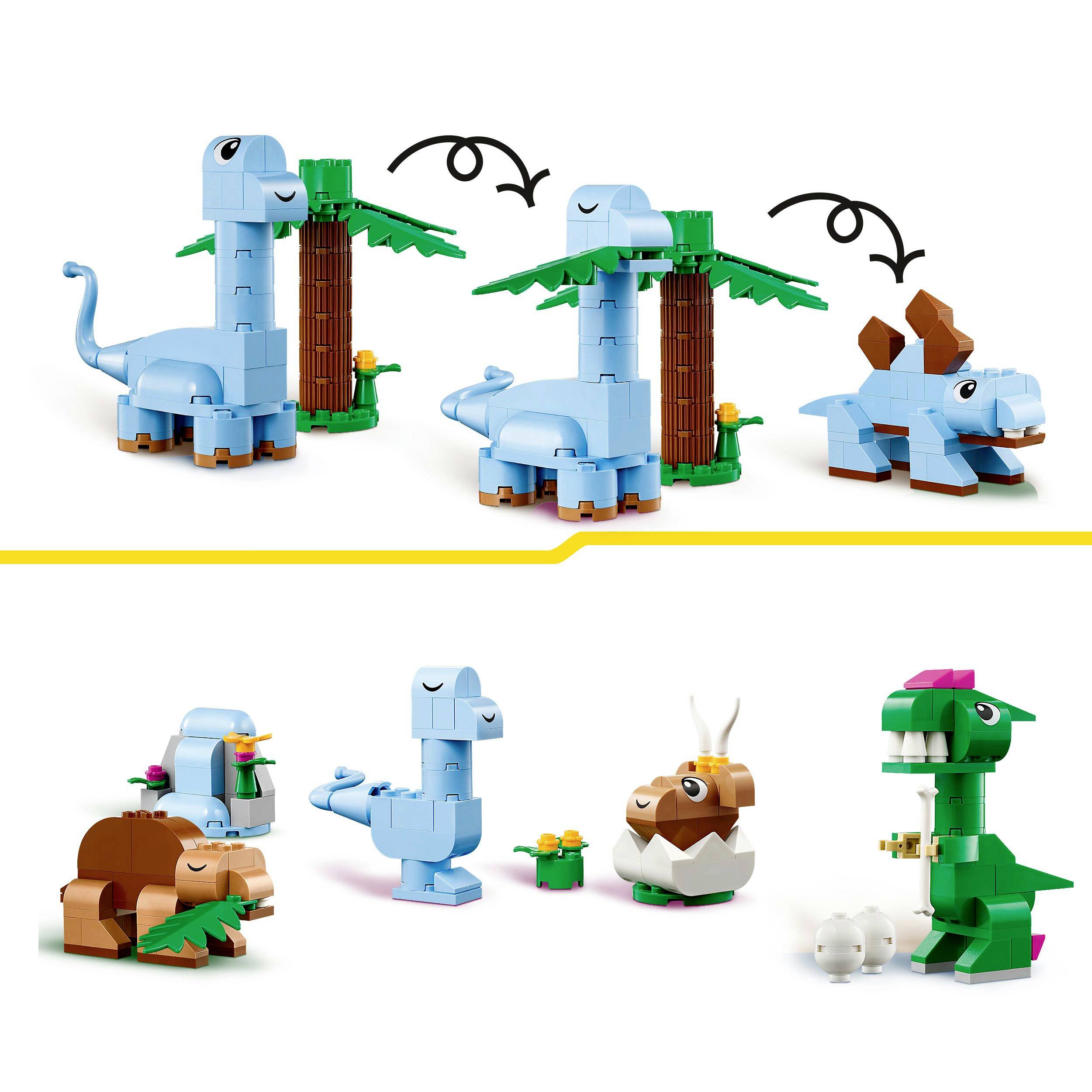 Několik barevných, stavitelných dinosaurů z plastových kostek. Herní figurky v různých pozicích před bílým pozadím.