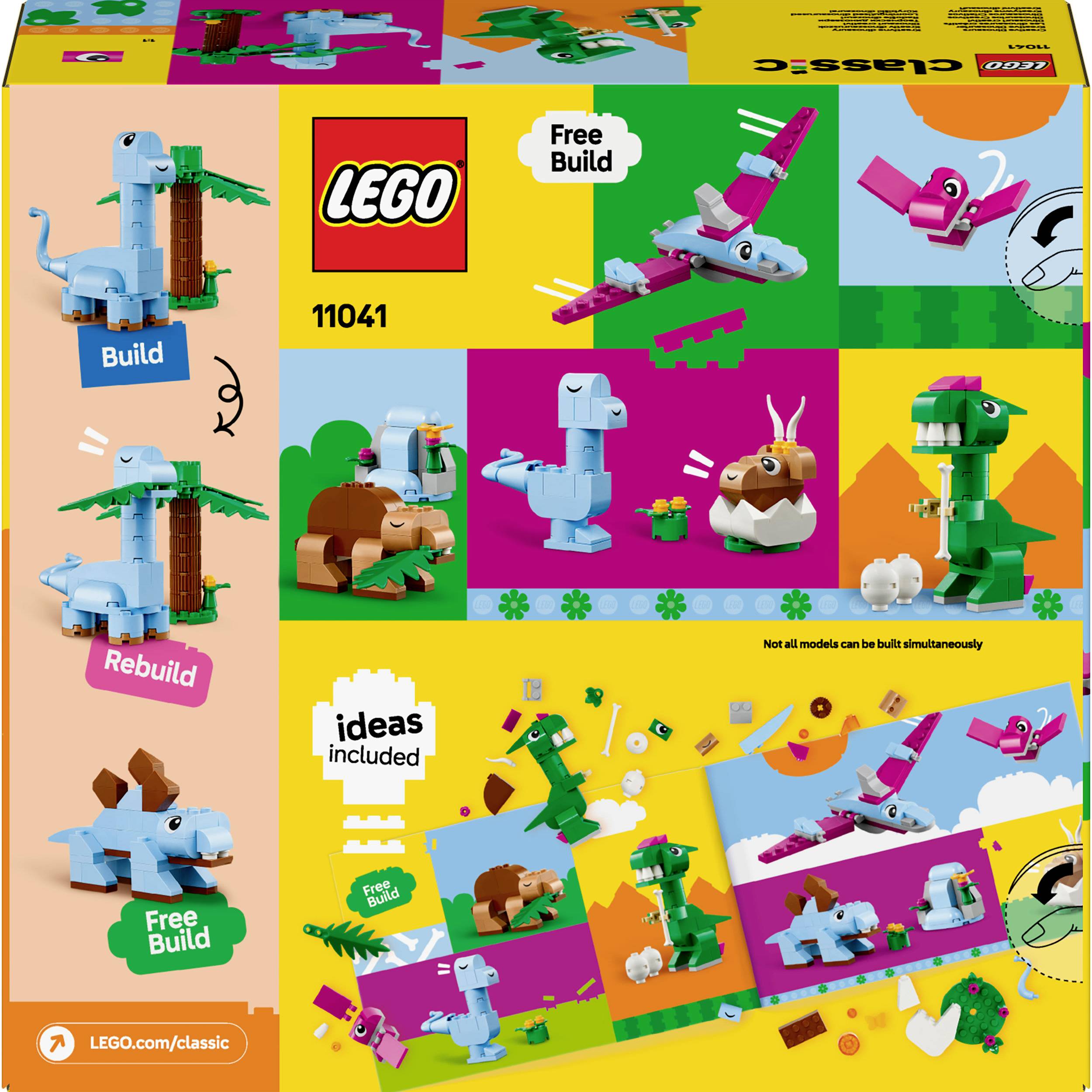 Obal LEGO ukazuje různé bytosti, jako je dinosaurus, opice a pták, kteří mohou být sestaveni z barevných kostek.