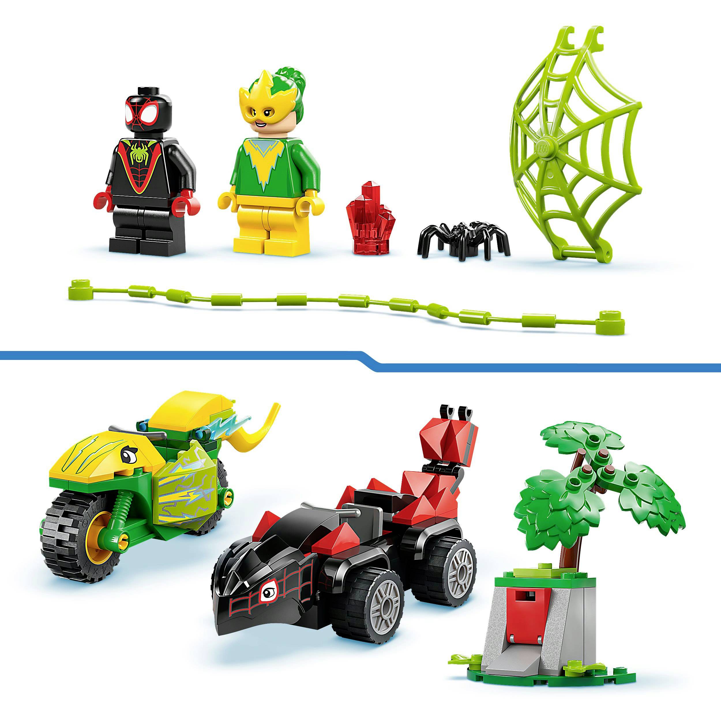 Dvě LEGO figurky, jedna v černé barvě s červenou sítí a jedna v žluto-zelené barvě. Příslušenství: pavoučí síť, červený prvek, pavouk, vozidla, dům na stromě.