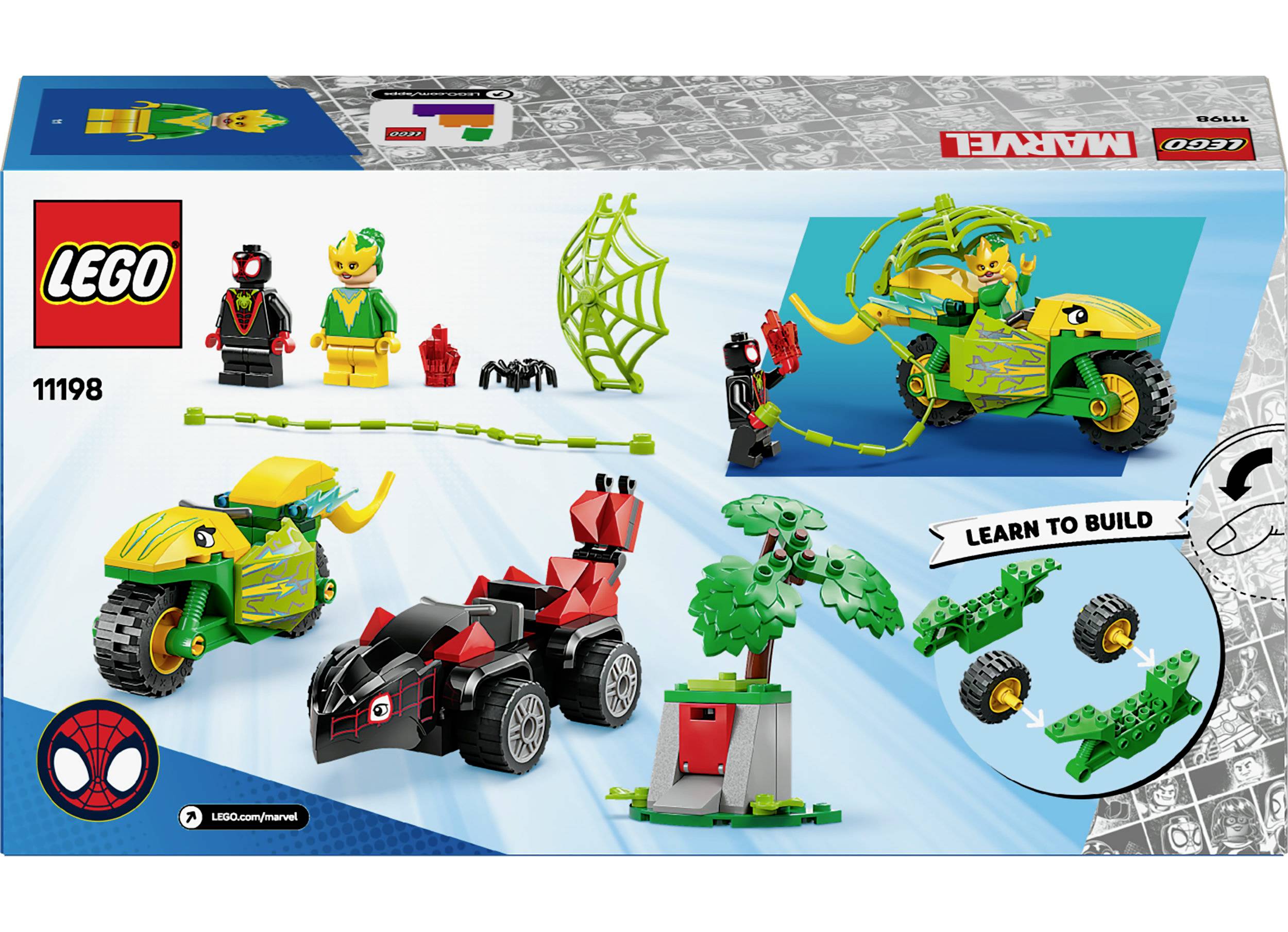 Sada Lego skládající se z figurek Spider-Mana, motocyklů a příslušenství z univerza Marvel, včetně návodu na stavbu.