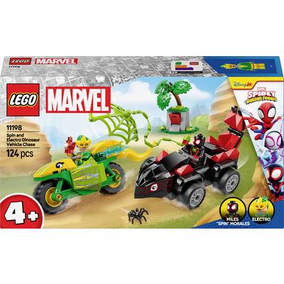LEGO Marvel sada 10781: Honička Spider-Mana a Electra v dinosauřím vozidle obsahuje motorku, dinosauří vozidlo a miniaturní figurky. Vhodné pro děti od 4 let.