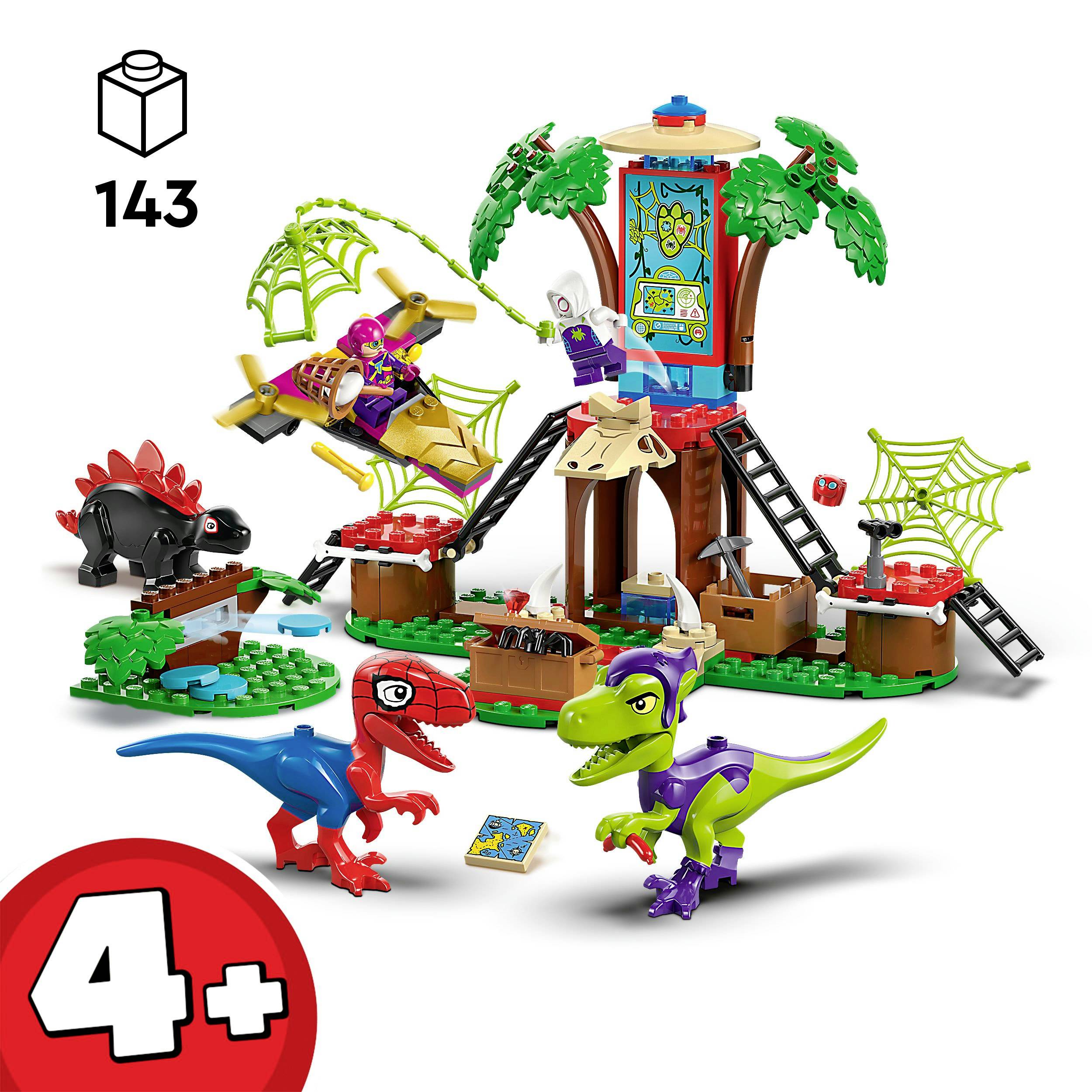Stavebnice Lego: Dům na stromě s dinosaury a figurkami, obsahuje pestré stavební díly a příslušenství, vhodné pro děti od 4 let.