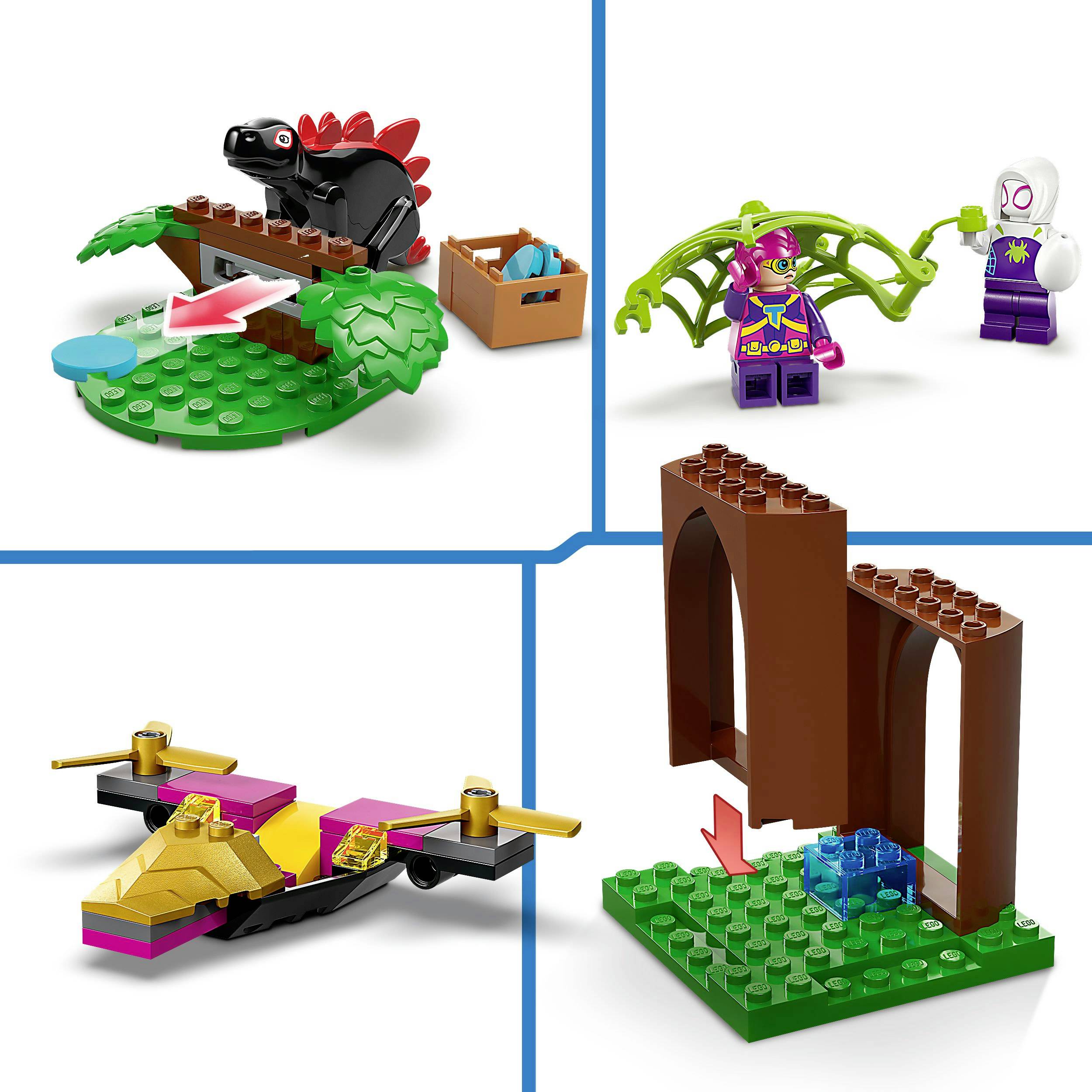 Konstrukční hračka se sadou barevných figurek a vozidel, včetně modelu dinosaura, dvou postav v kostýmech a malého letadla.