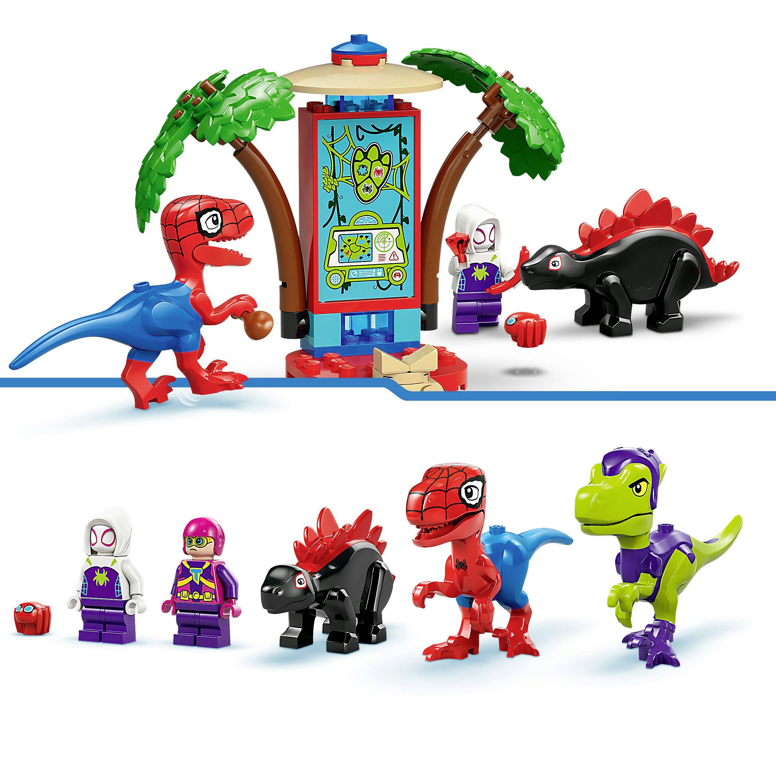 Sada LEGO s dinosaury a figurkami v hrdinském oblečení. Hlavními atrakcemi jsou dinosaurus a barevná tabule s ilustracemi.