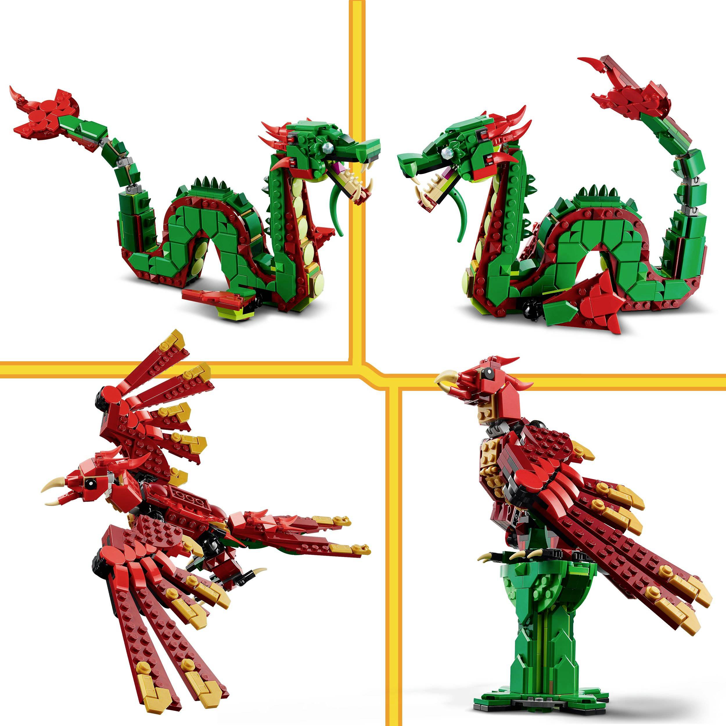 Čtyři LEGO stvoření: dva draci nahoře a dva ptáci dole. Všichni jsou navrženi v zářivých červených a zelených tónech.