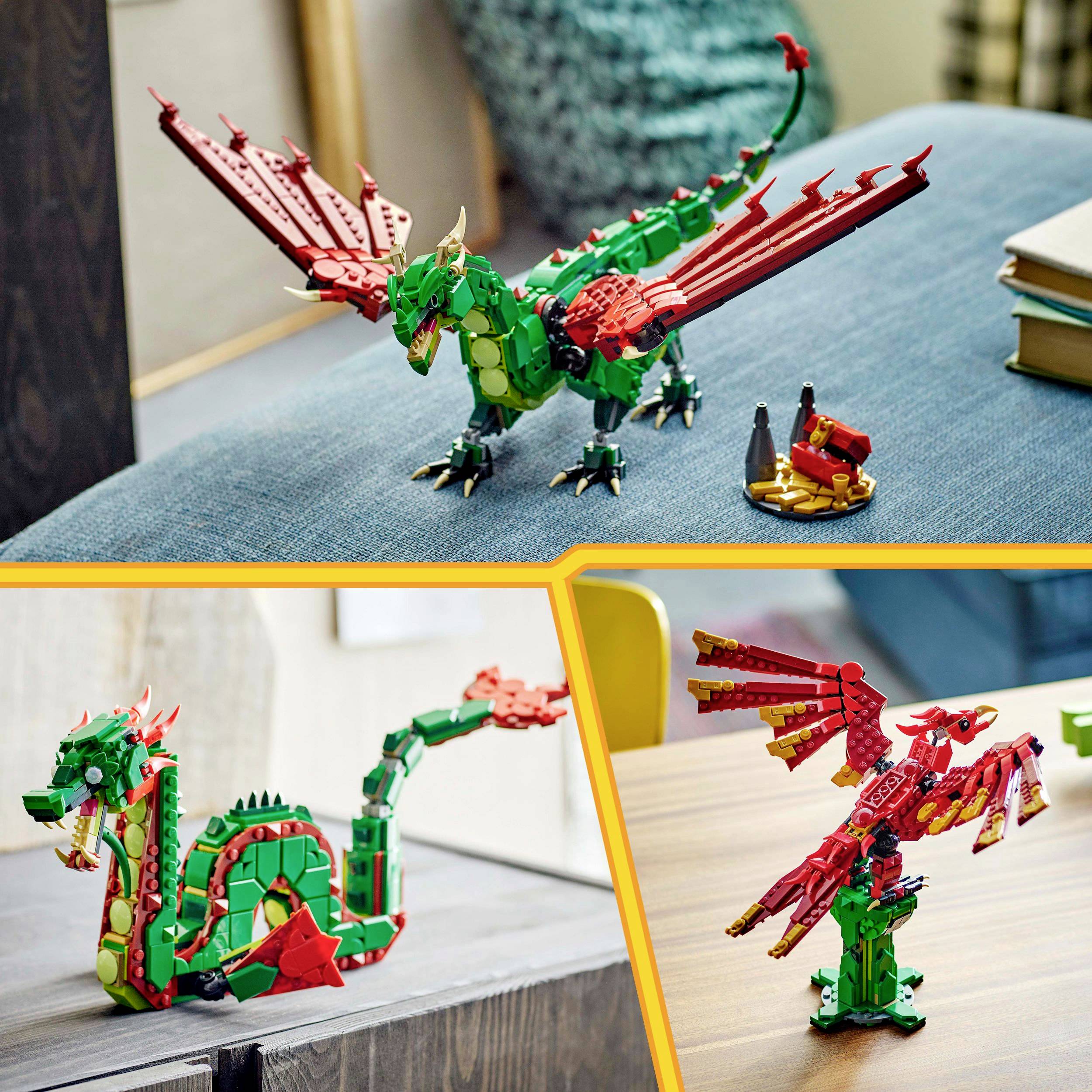 Tři různé designové verze LEGO draků jsou vystaveny na stole a gauči, každá s detailně propracovanými křídly a tělesnými charakteristikami.