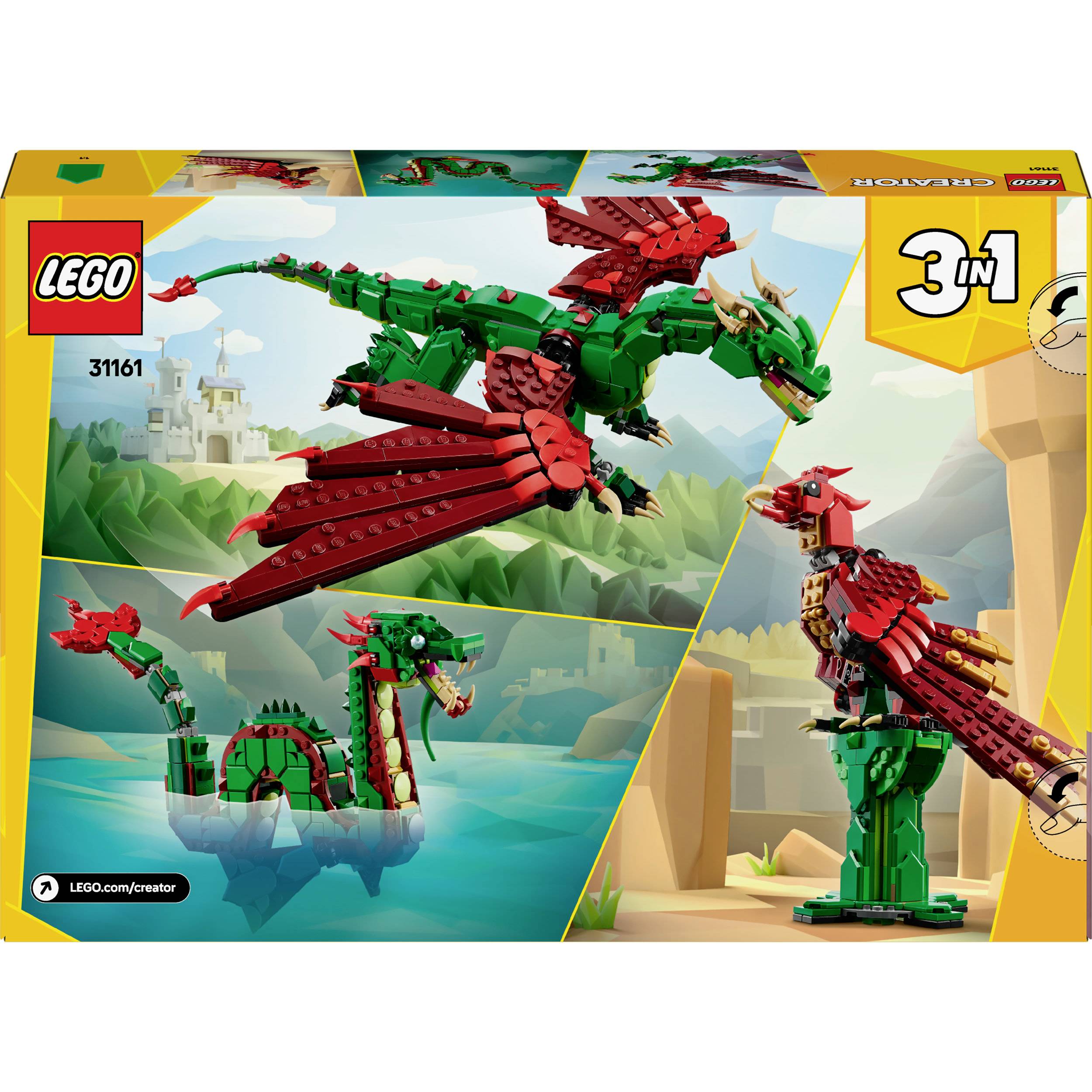 Balení LEGO Creator ukazuje tři stavitelné modely: létajícího draka, mořského draka a stojícího draka.
