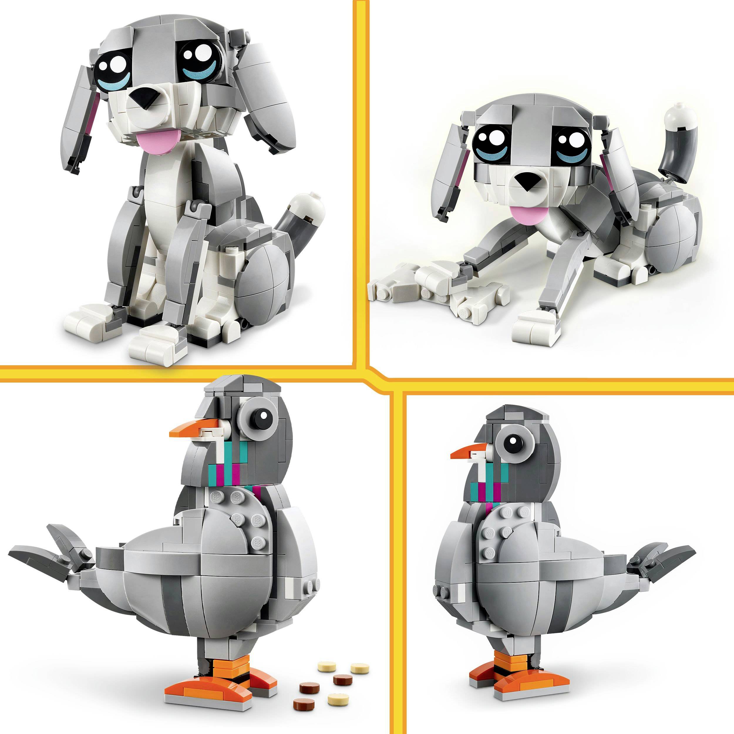Čtyři lego zvířata z šedých kostek: Nahoře pes v sedící a ležící poloze; dole pták stojící, pohled zepředu a z boku.