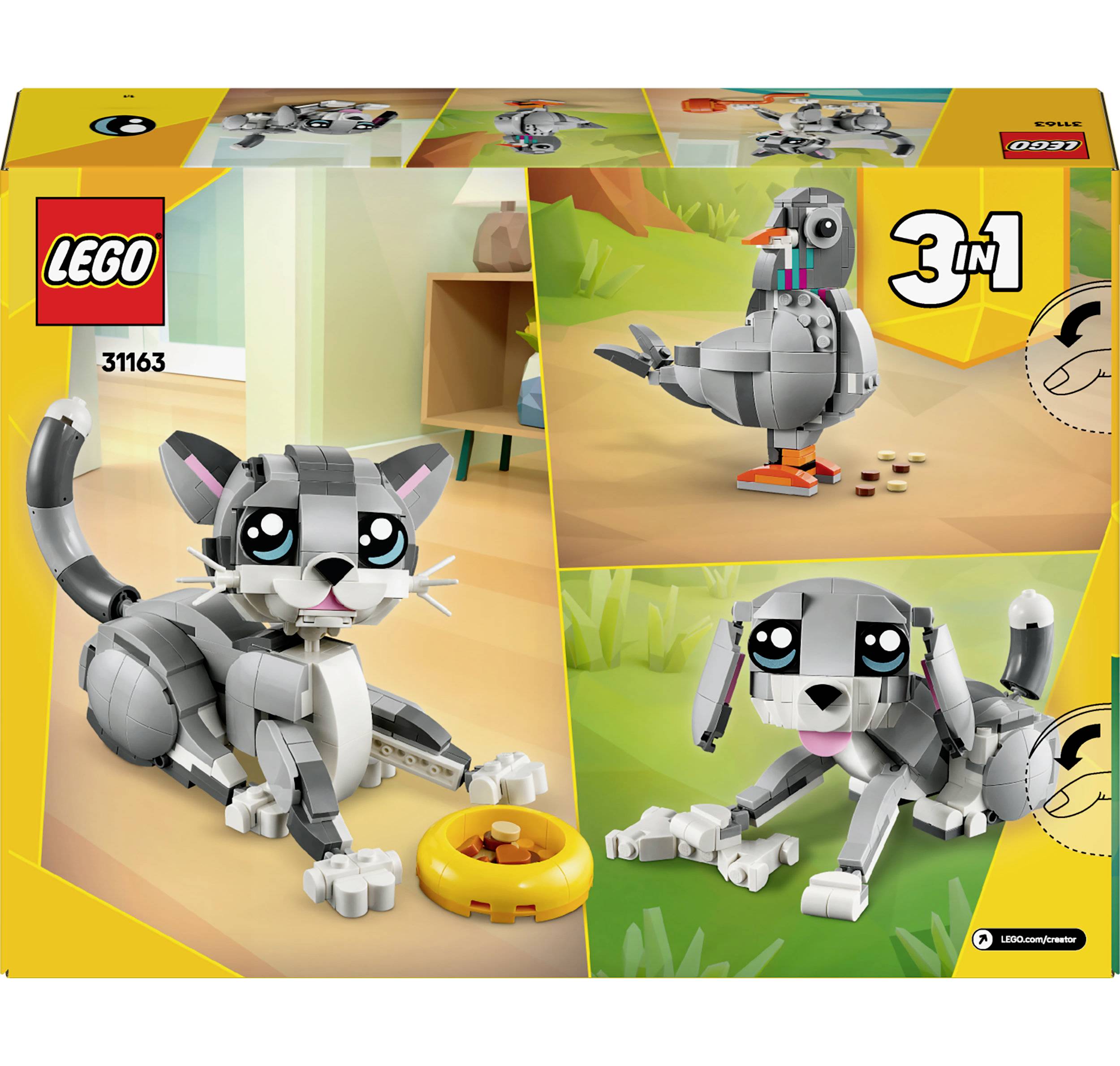LEGO 3v1 sada: Možnosti stavby kočky, holuba a psa z barevných stavebních dílků. Obal zobrazuje hotové modely na barevném pozadí.