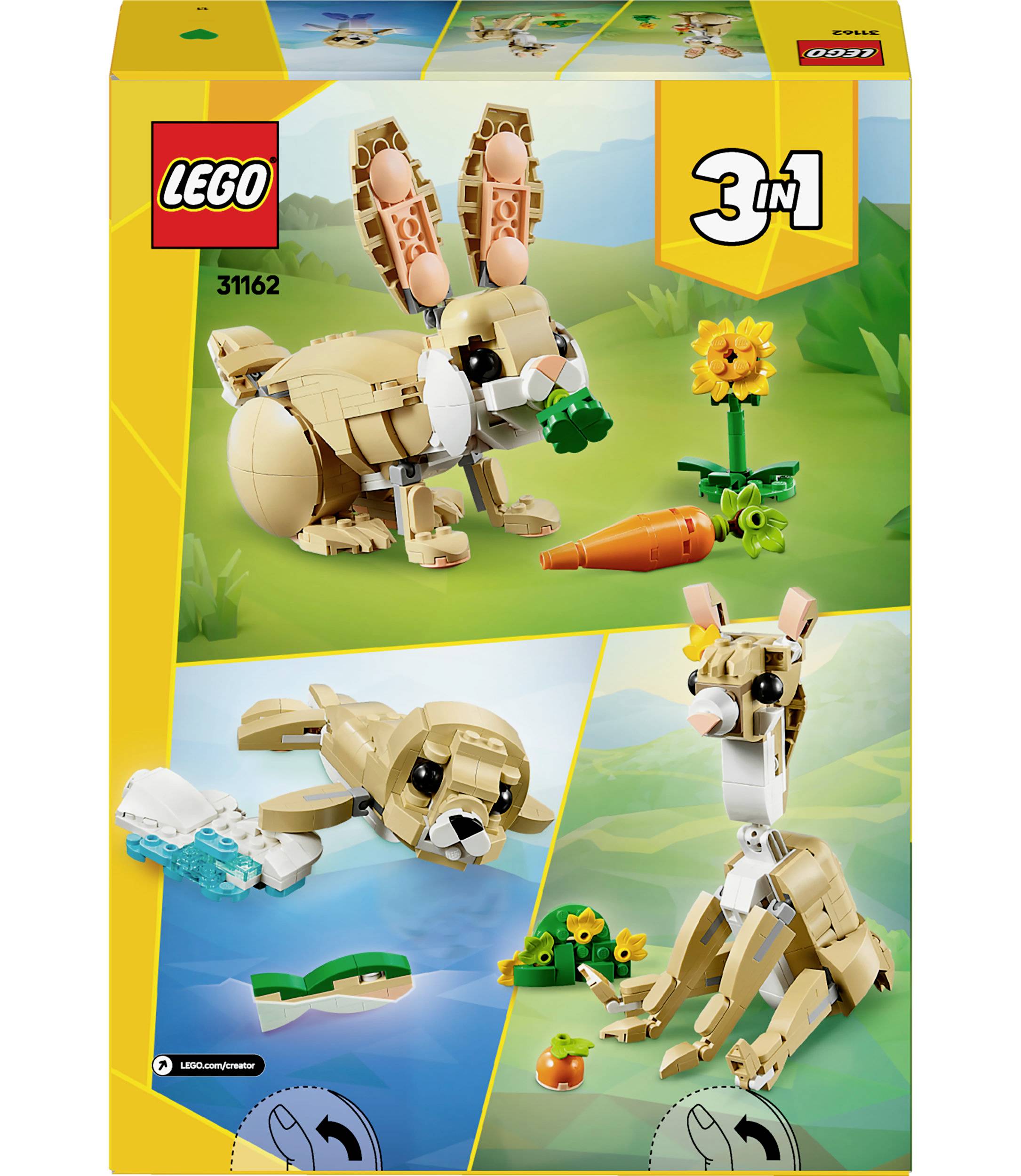 Sada LEGO Creator 3-v-1 31162: Lze postavit jako králíka, tuleně nebo klokana. Obsahuje doplňky jako mrkev a květinu.