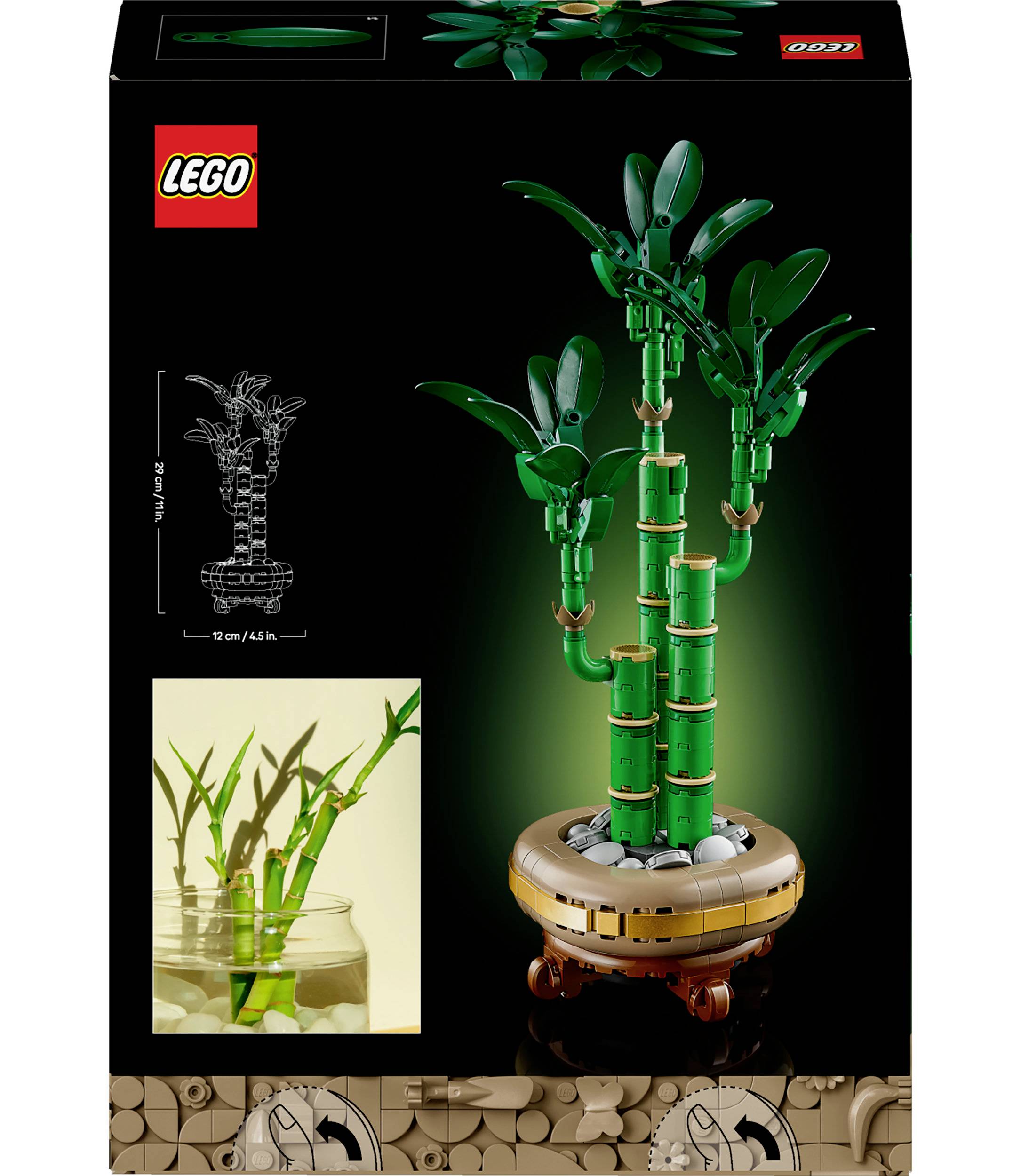 Obal sady LEGO zobrazuje bambusový model vytvořený z LEGO kostek. Hotový model je 39 cm vysoký a má kulatou základnu s koly.