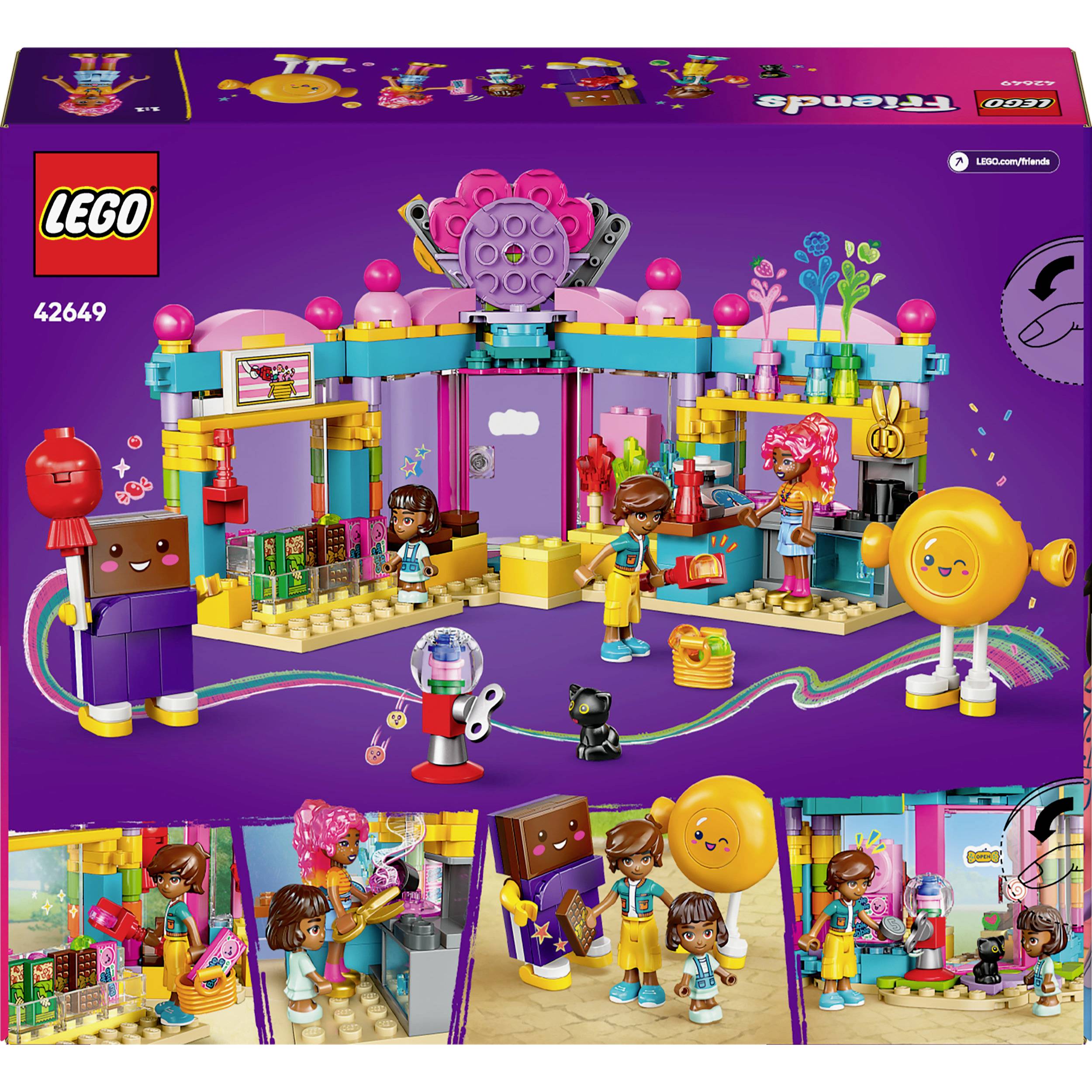 Sada LEGO s figurkami a barevným obchodem. Děti si hrají s pokladnou, květinami a občerstvením. Obal zobrazuje další herní scény.