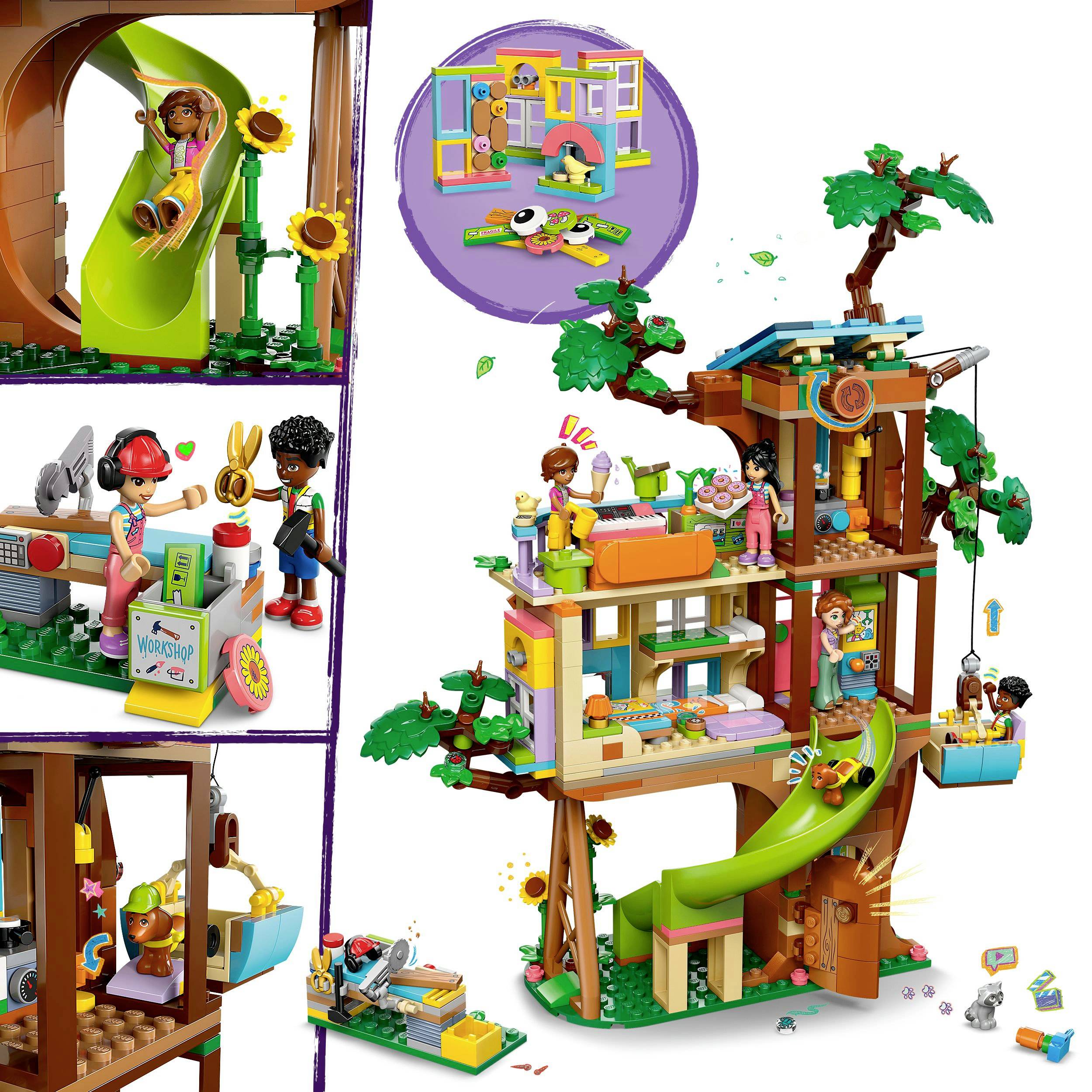Sada Lego stavebnice stromového domu se skluzavkou, figurkami a různými herními scénami. Děti si hrají s hračkou a domkem na stromě.