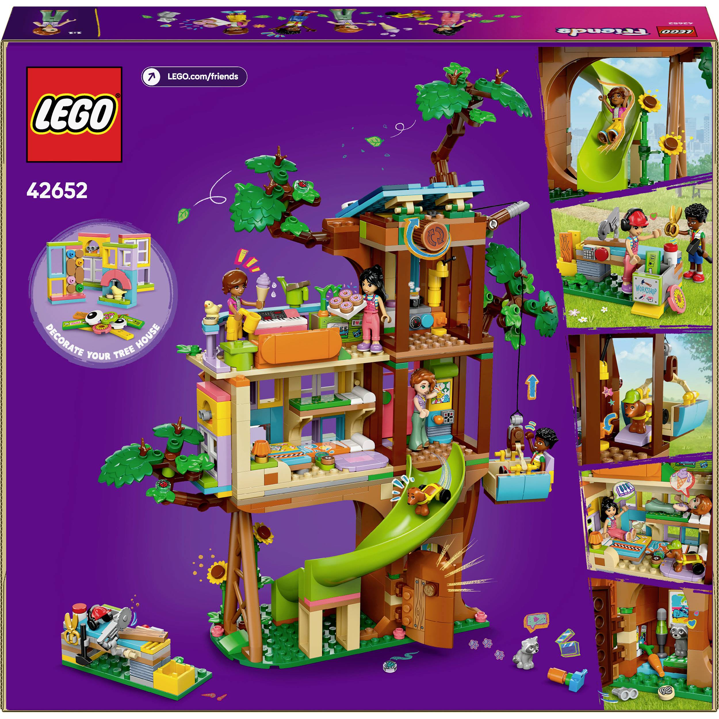 Stavebnice LEGO Friends Dům na stromě se zeleným skluzavkou, houpačkou, stolem a figurkami. Děti si hrají a zdobí barevný domeček na stromě.