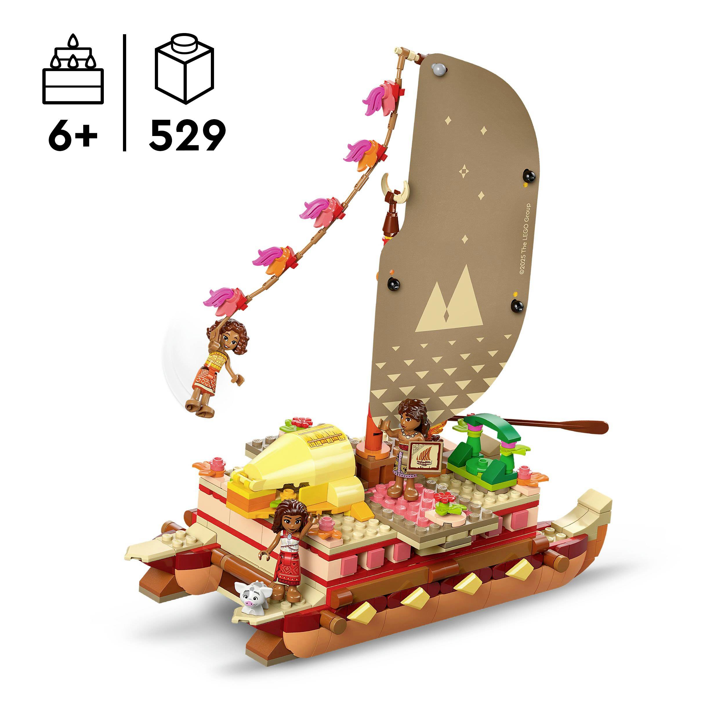 LEGO sada pro děti od 6 let s 529 díly. Zobrazuje vor s plachtou, figurkami a malým zvířetem. Sada obsahuje hnědé tóny a pestré detaily.