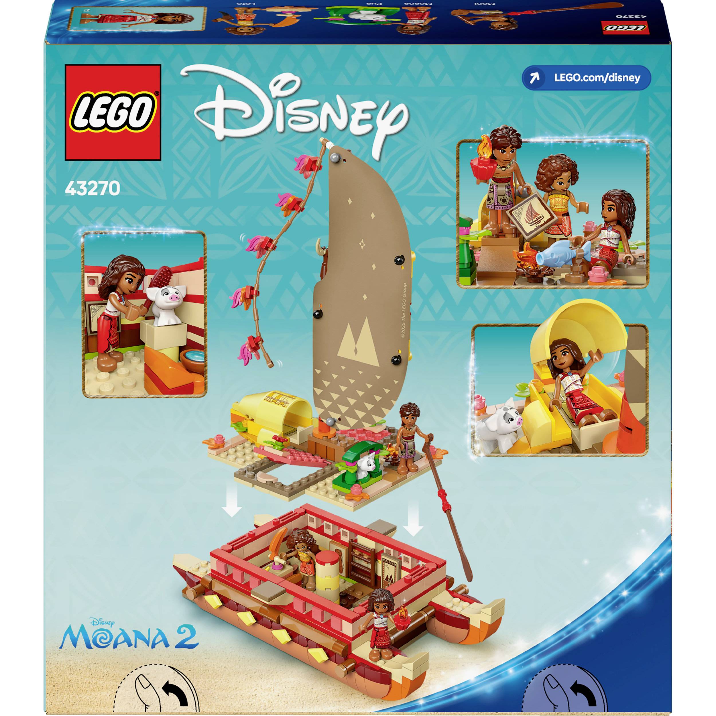 LEGO sada s motivy Disney, zobrazující postavu Vaiany na katamaránu s Puou a dalšími postavami, číslo sady 43270.