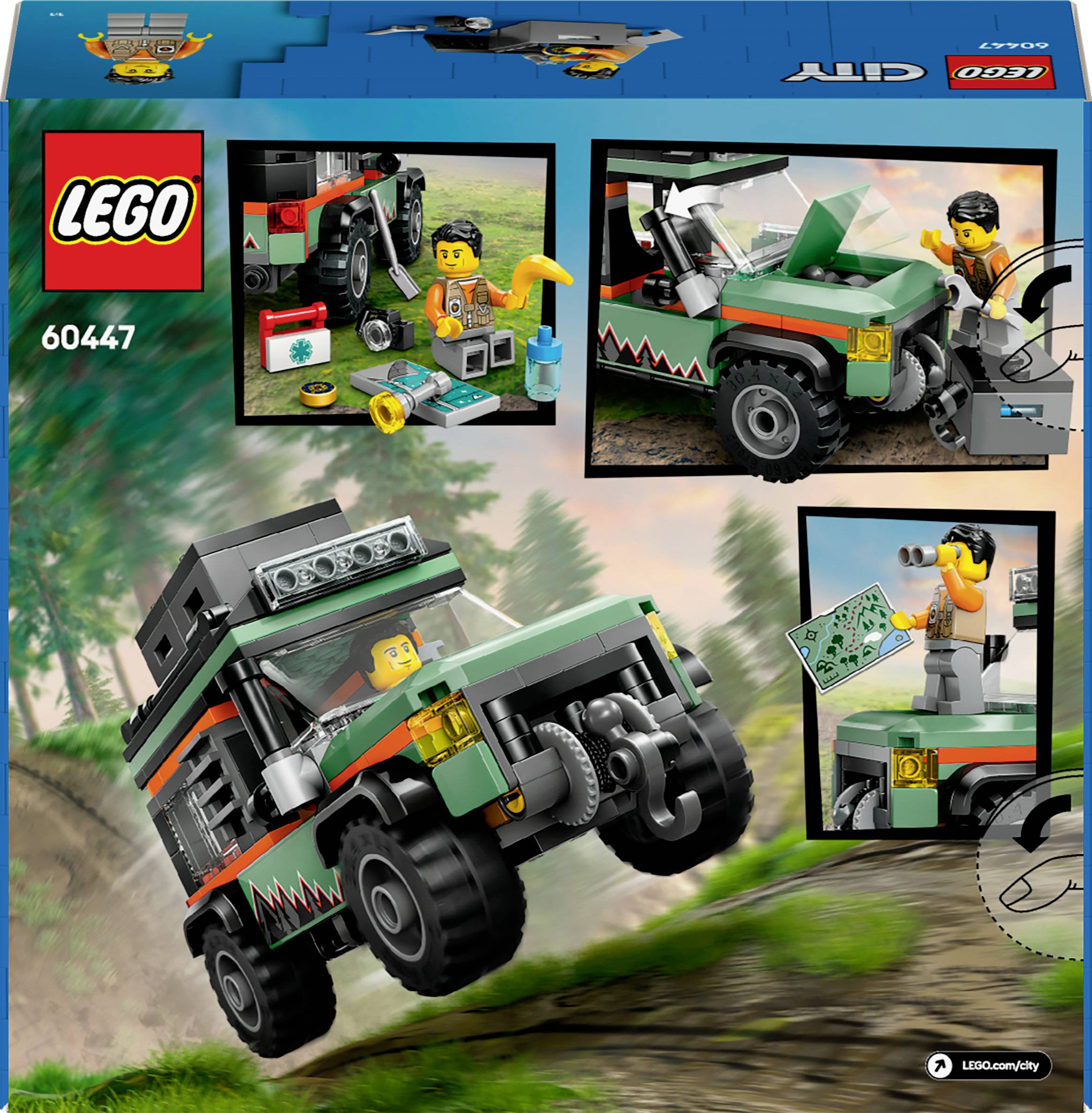Obal LEGO setu zobrazuje zelené terénní vozidlo s minifigurkami a příslušenstvím v dobrodružném prostředí. Obsahuje nástroje a mapu.