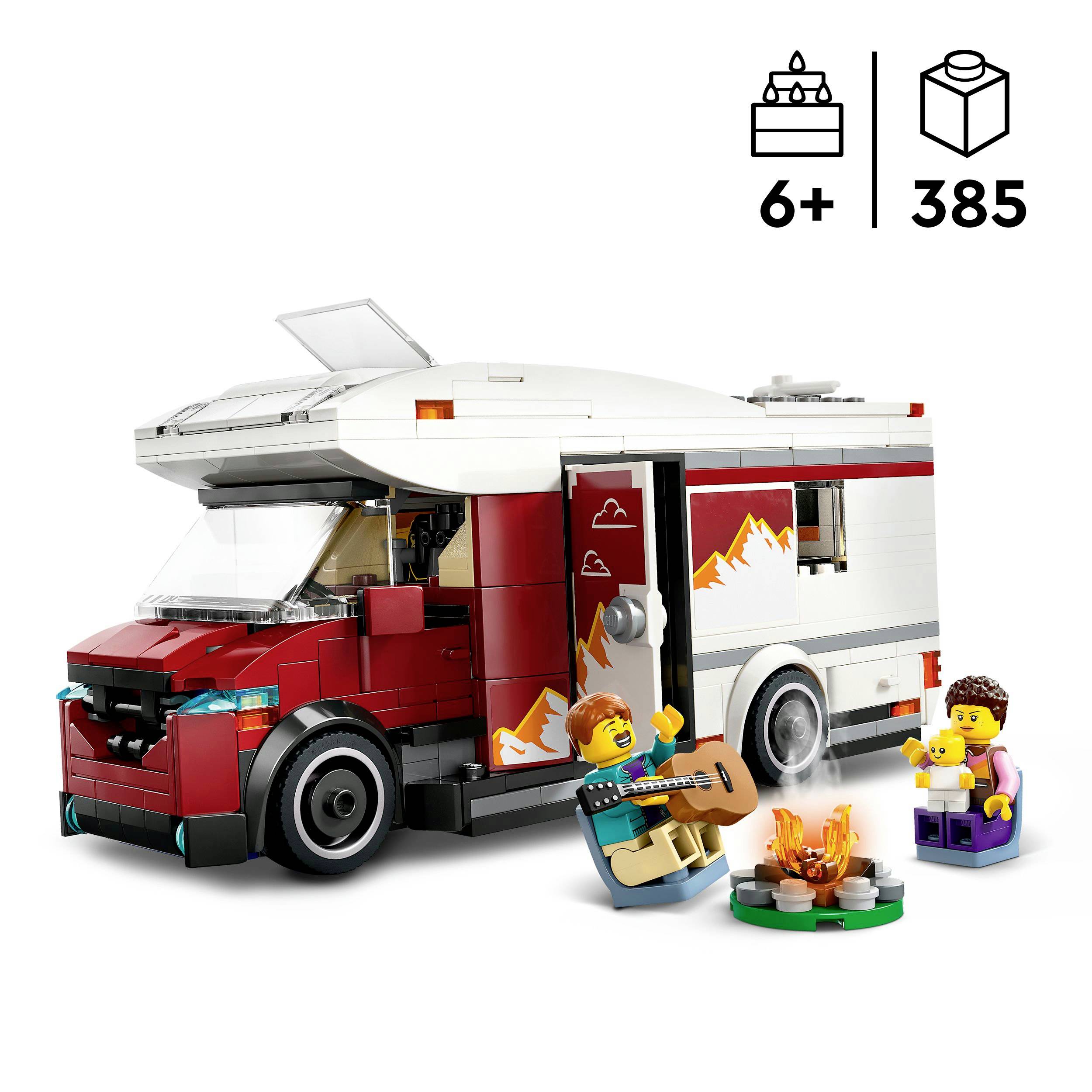 Lego karavan: Malý obytný přívěs se dvěma figurkami a příslušenstvím. Obsahuje kytaru a tábořiště s ohněm. Pro děti od 6 let, 385 dílků.