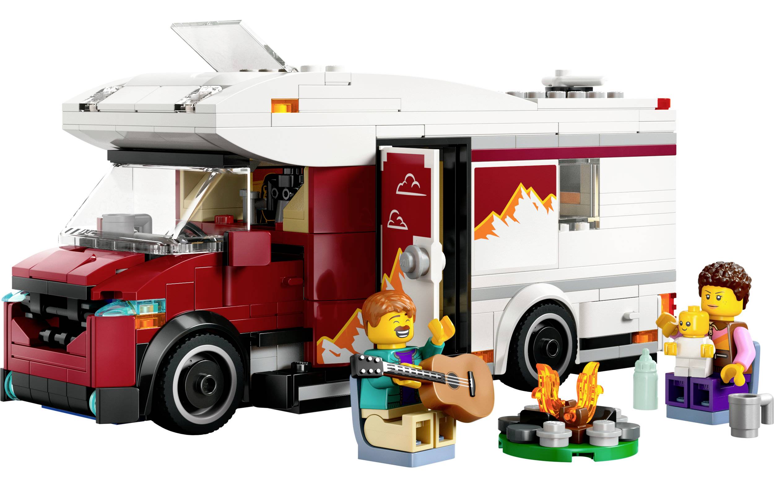 Sada Lego obytného vozu s figurkami: Muž hraje na kytaru u ohně, žena drží miminko. Obytný vůz v pozadí.