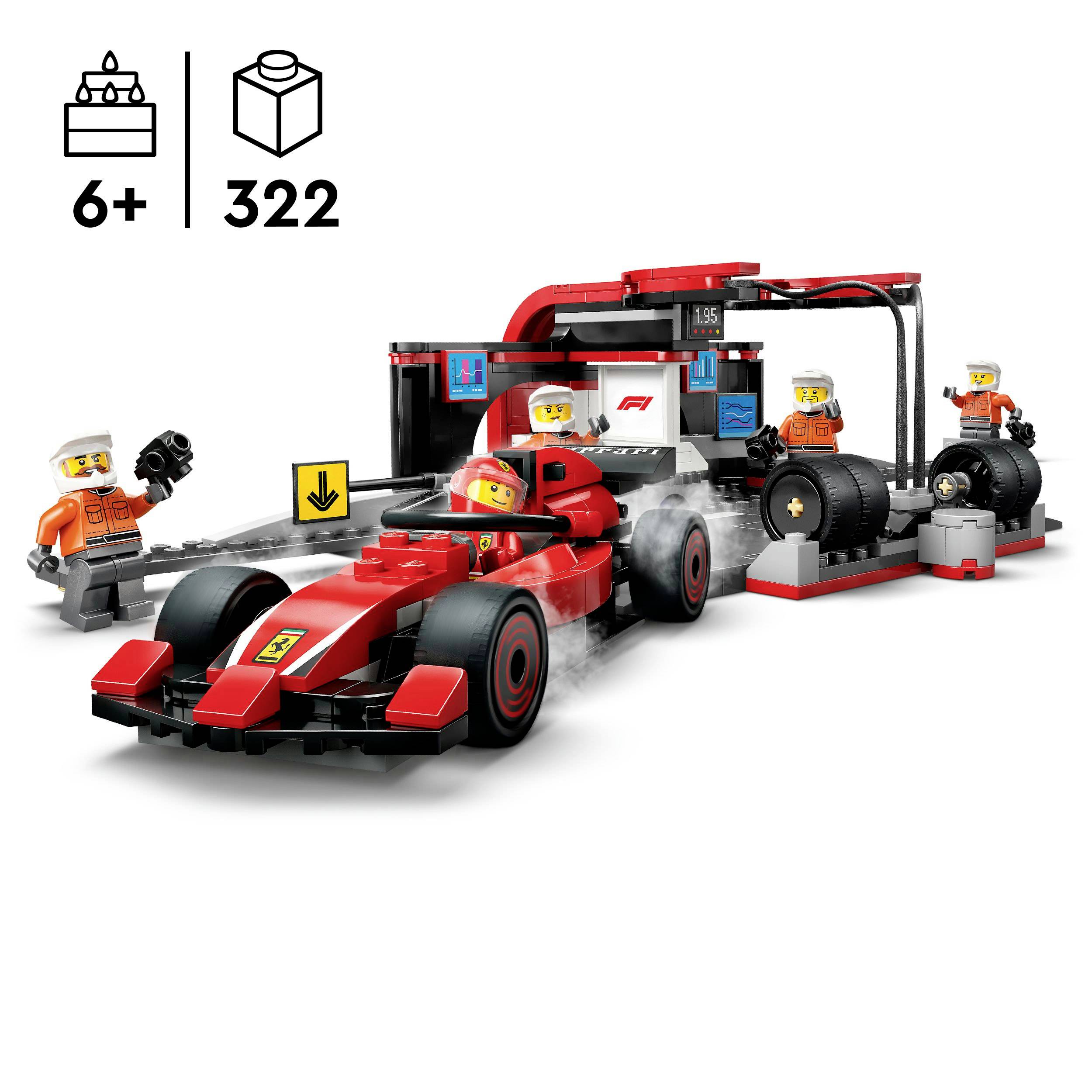 Červený model závodního auta LEGO v boxové scéně se třemi minifigurkami měnícími pneumatiky. Od 6 let, 322 dílků.