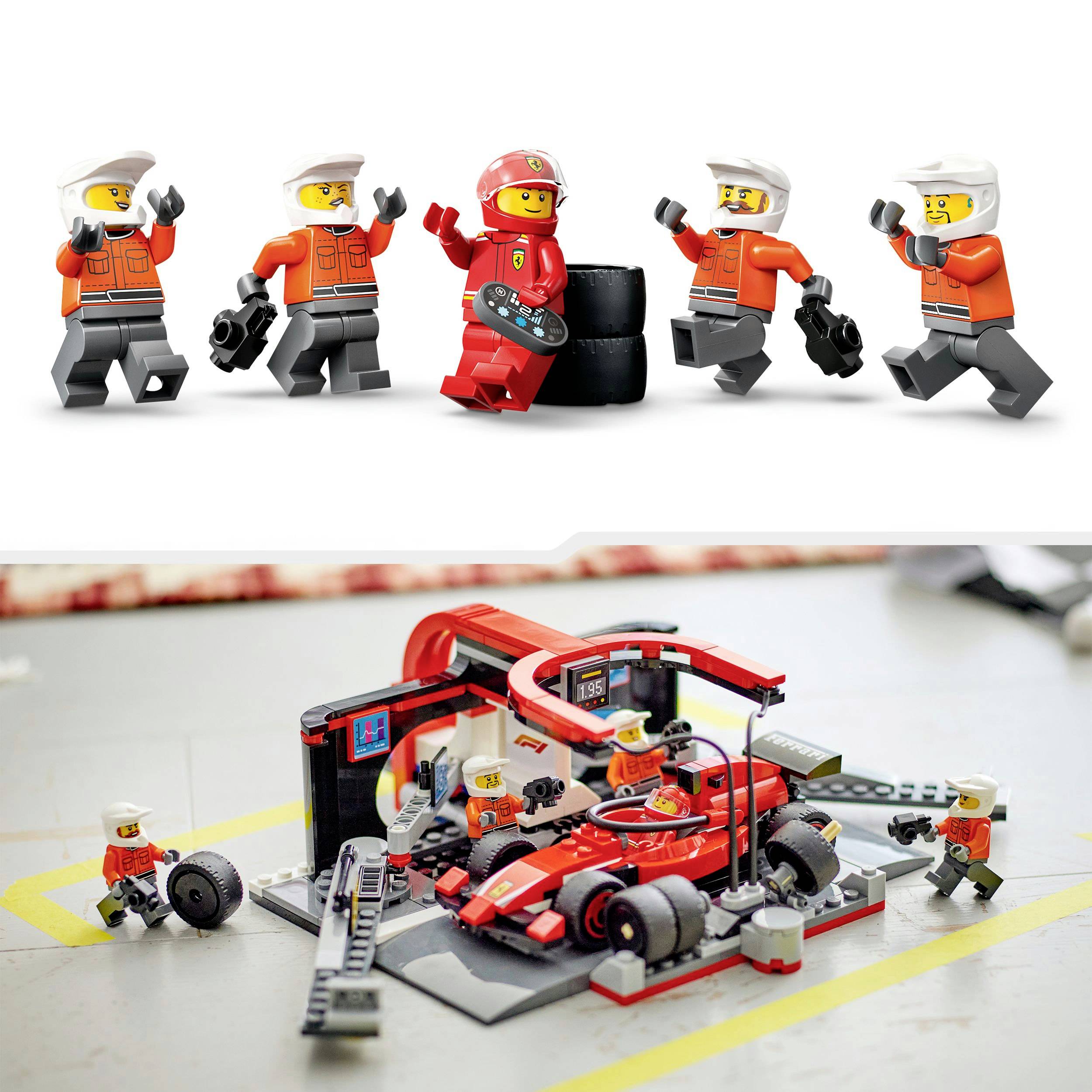 Figurky LEGO v červeném závodním obleku s pneumatikou a posádkou v šedých oblecích. Scéna ukazuje týmovou práci v motorsportu.