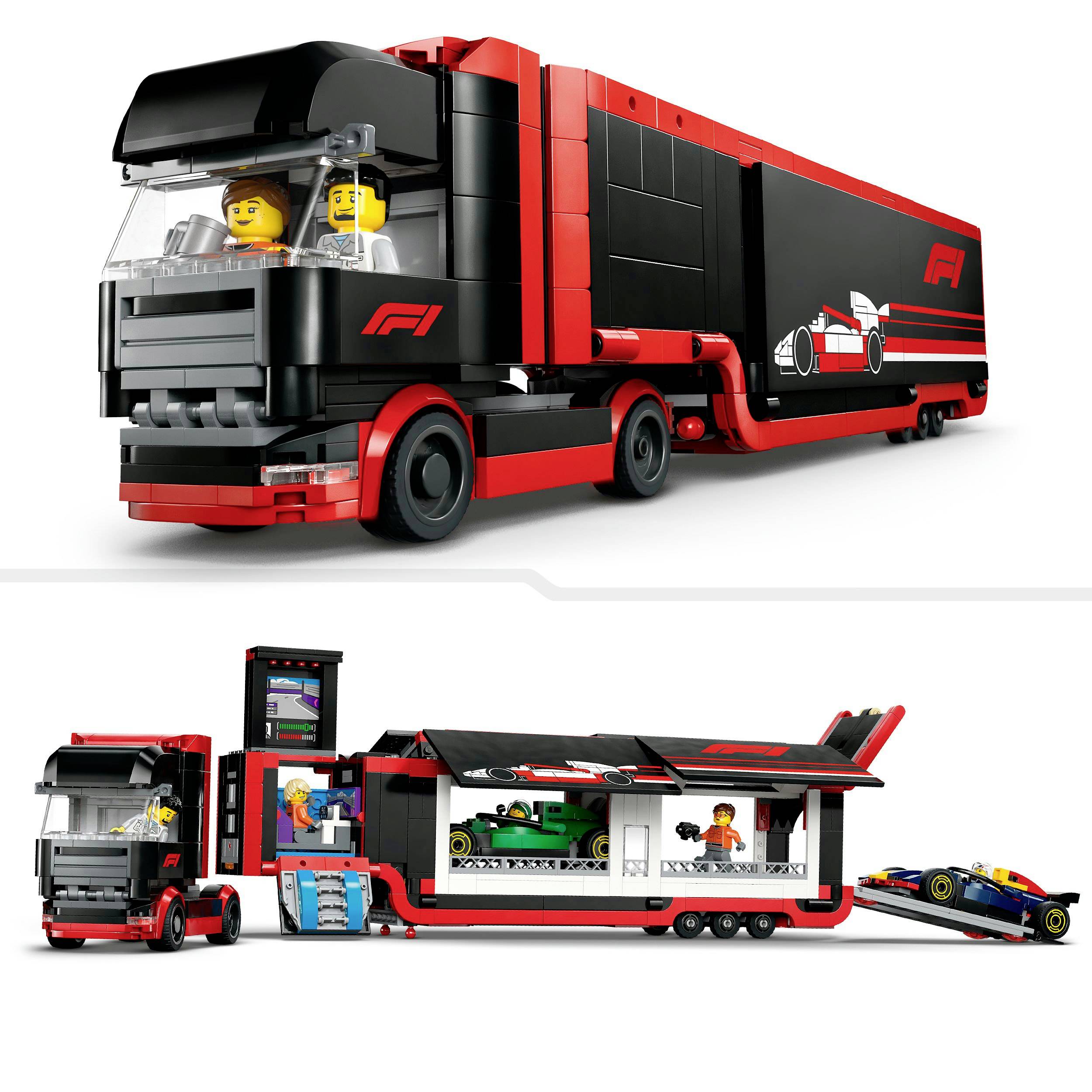Lego závodní týmový truck pro přepravu závodního vozu. Obsahuje figurky a model závodního automobilu. Horní polovina uzavřená, spodní otevřená.