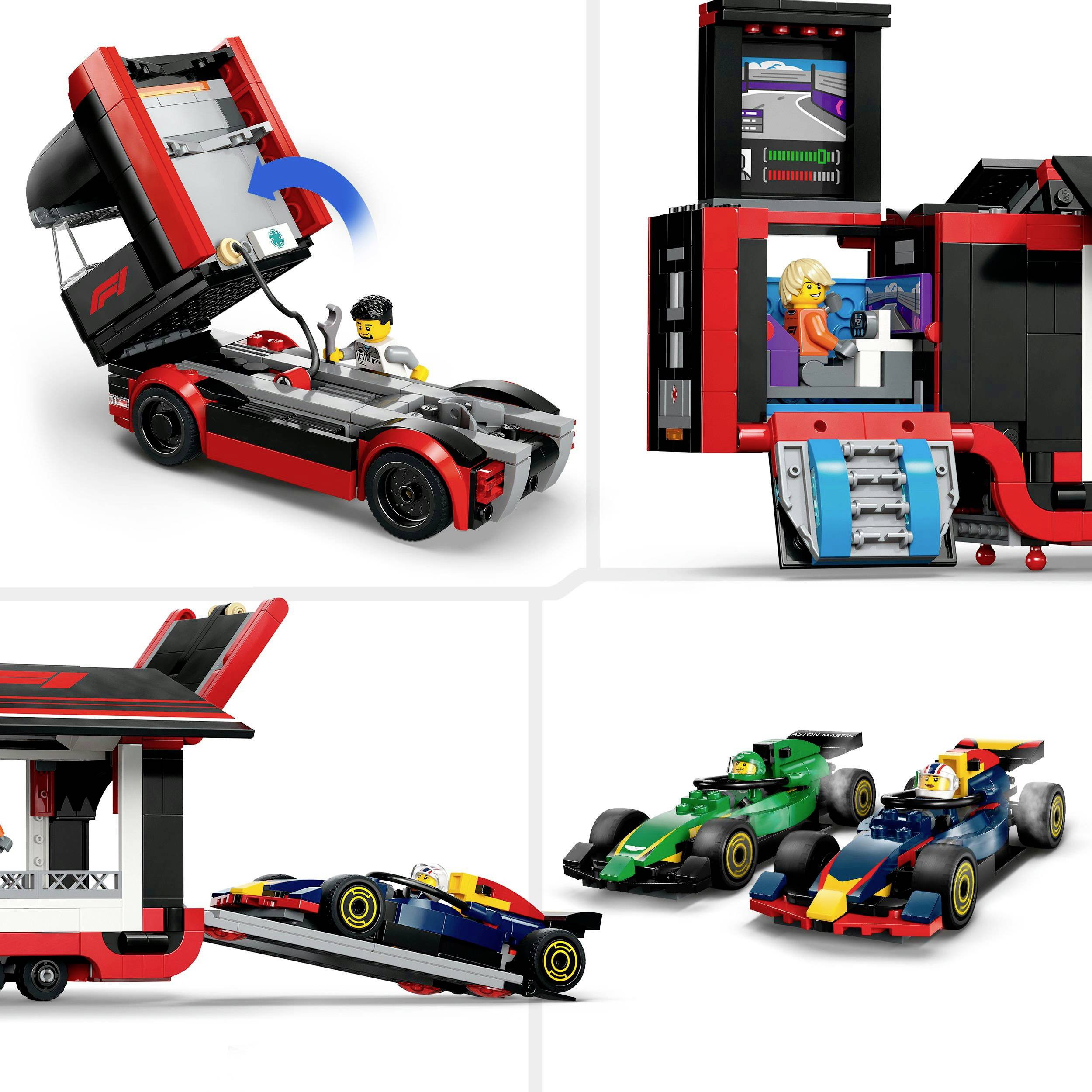 Sada Lego s formulí a scénou boxové zastávky. Obsahuje model závodního vozu, figurky a dílnu s příslušenstvím.