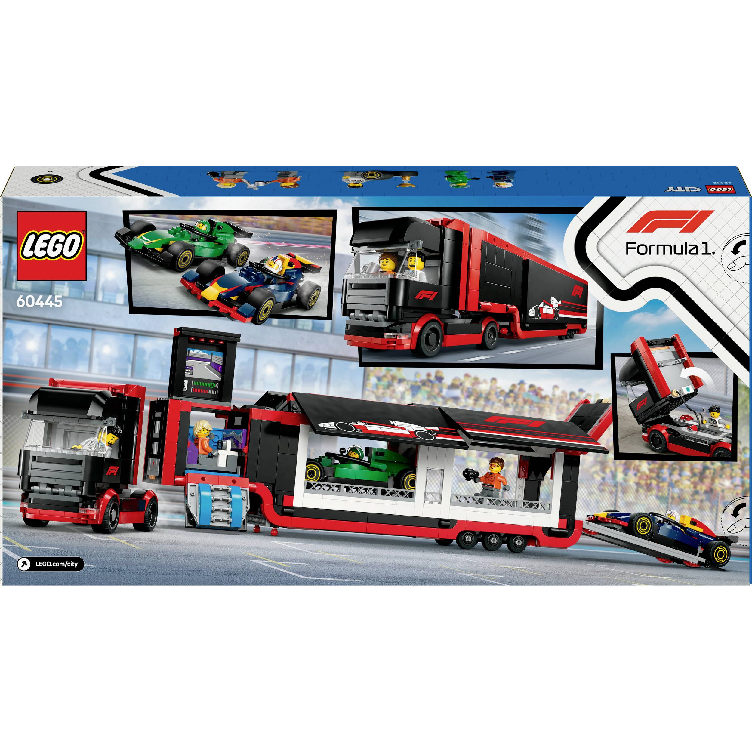 Sada LEGO obsahující transportér Formule 1, vozy a minifigurky na závodní trati. Zahrnuje velký truck a závodní automobil.