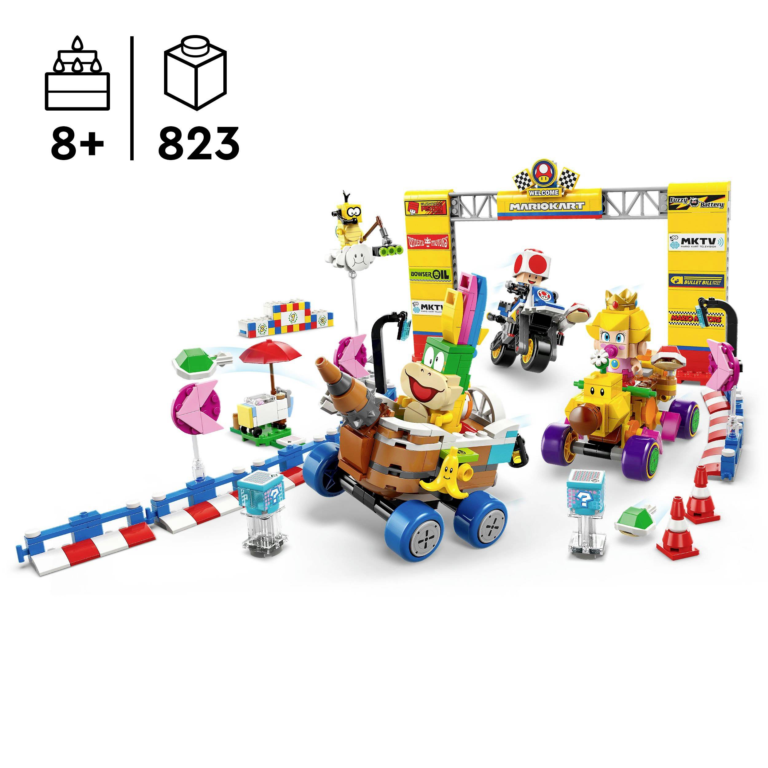 Lego stavebnice s motivy Mario Kart, včetně motokár, závodní dráhy a figurek, pro děti od 8 let, 823 dílků.