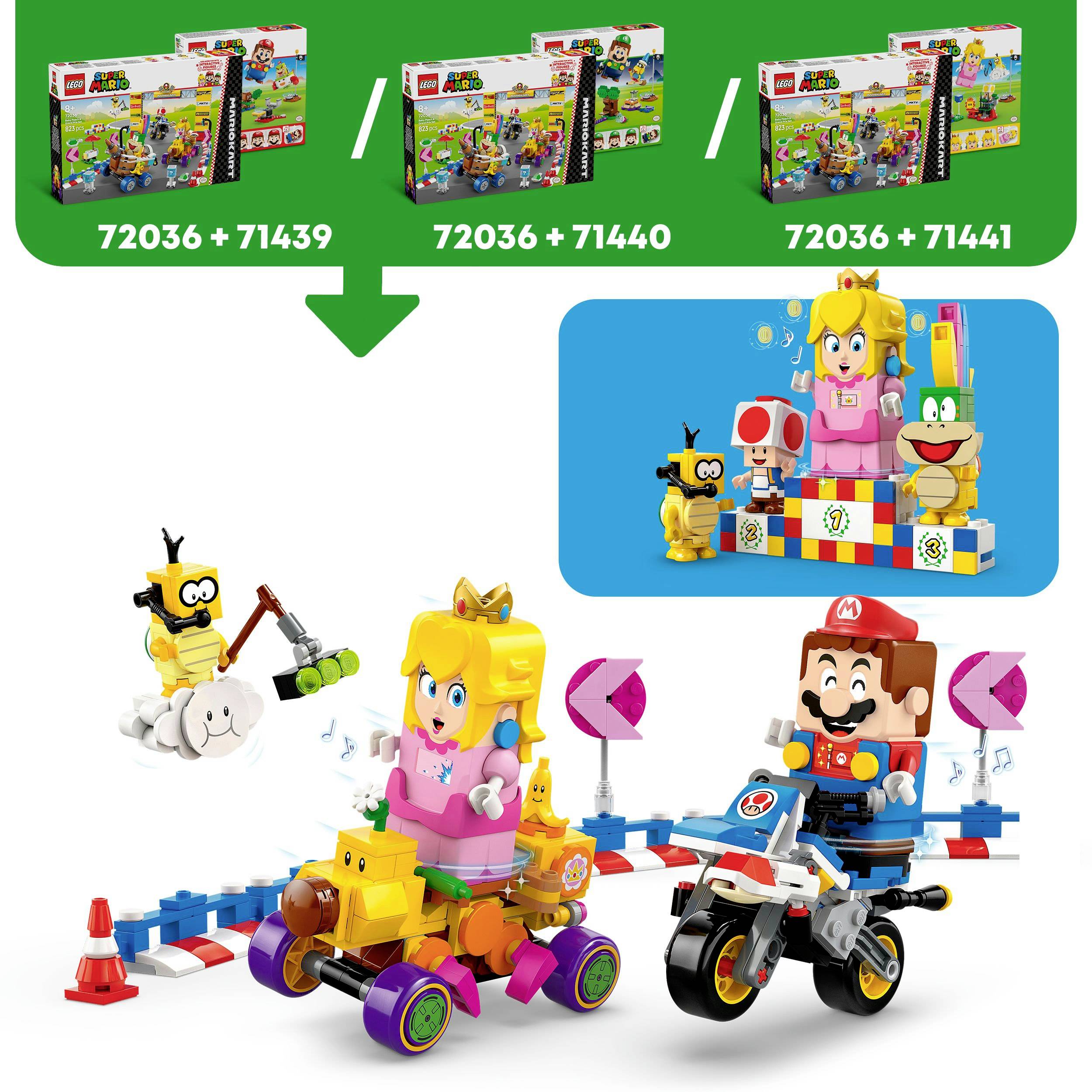 Na obrázku jsou vidět sady Lego Super Mario. Princezna Peach a Mario jsou zobrazeni na vozidlech s překážkami a postavami z hry.