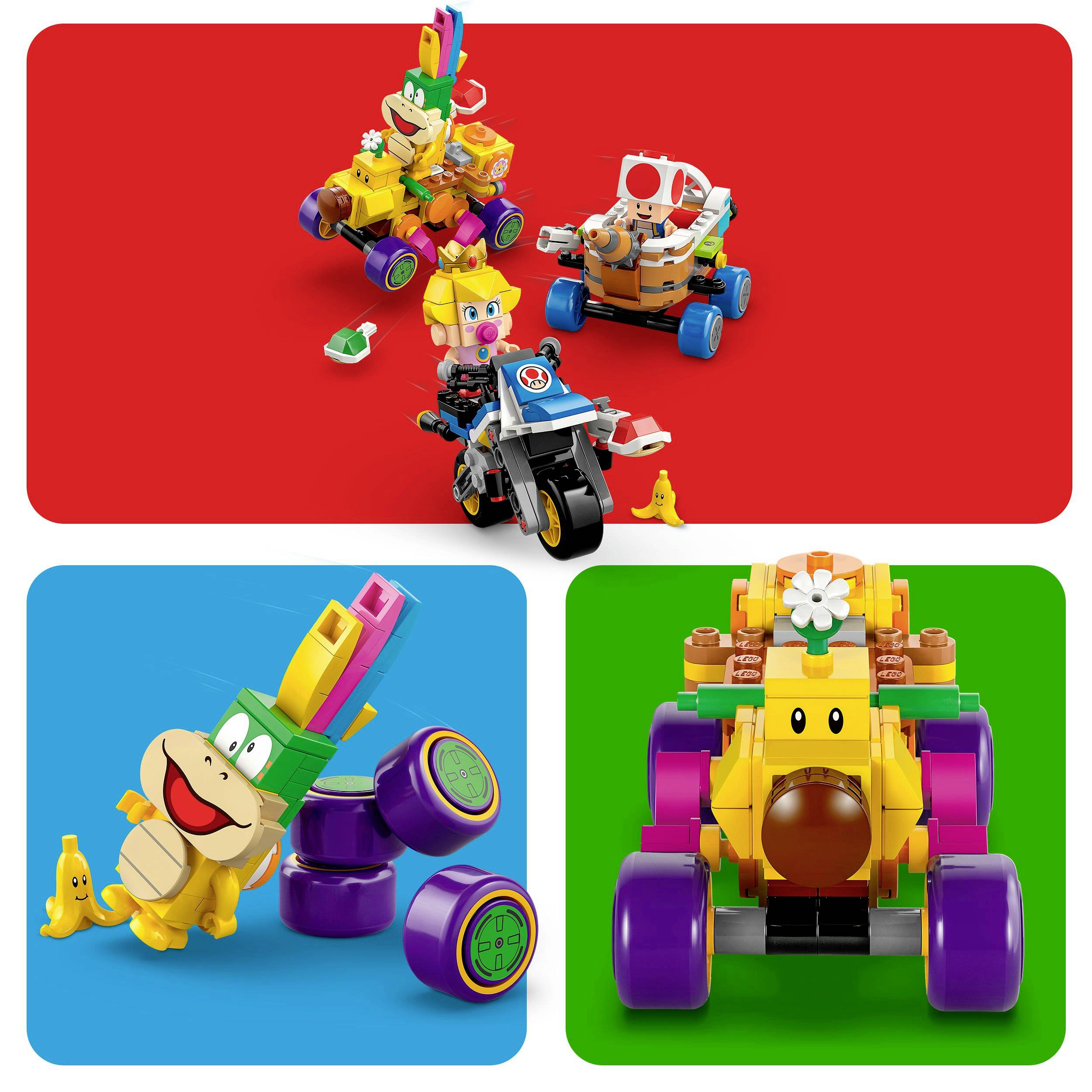 Barevné lego figurky a vozidla před pestrobarevnými pozadími, inspirované postavami z videher; kreativní, dětství přátelský design hraček.