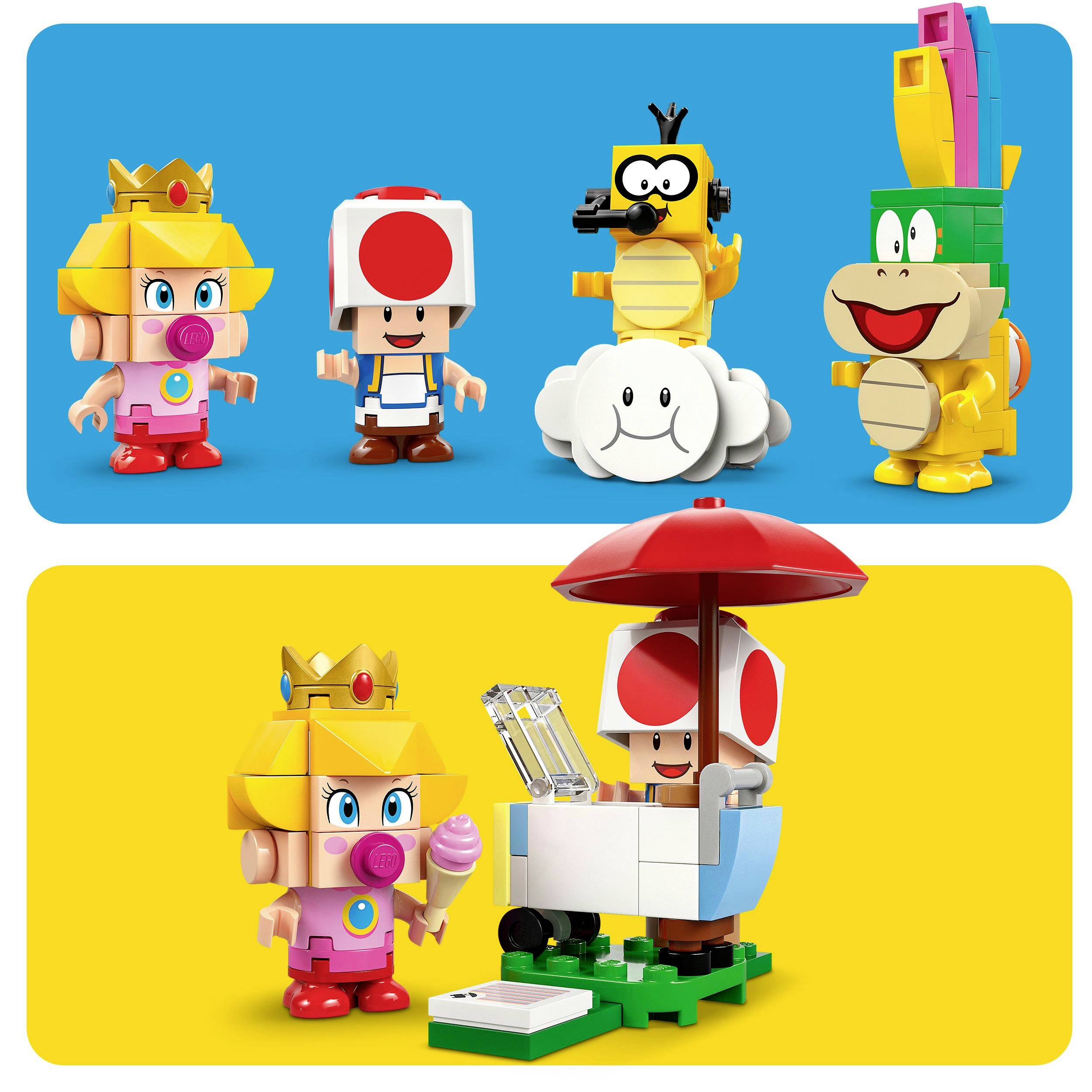 Lego figurky barevných postav na modrém a žlutém pozadí. Nahoře je pět figur, dole tatáž postava Toada s deštníkem.
