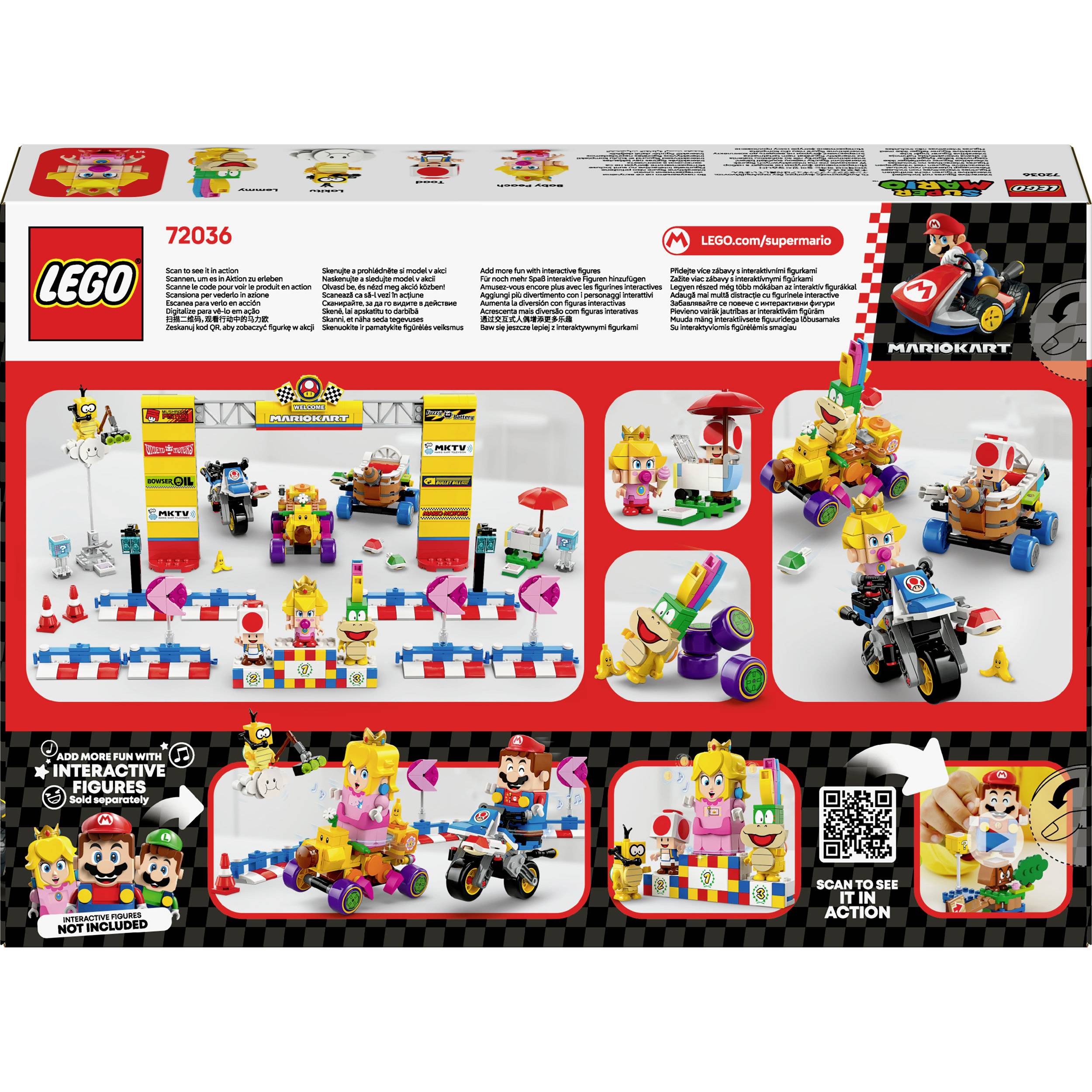 LEGO herní sada pro 'LEGO Super Mario'. Obsahuje stavební prvky pro závodní dráhu s figurkami Mario Kart. Interaktivní funkčnost.