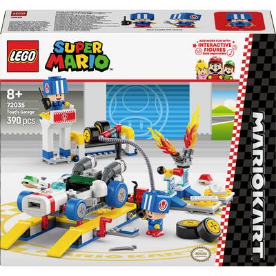 LEGO Super Mario stavebnice s Toadovou garáží. Obsahuje 390 dílků, vhodná pro děti od 8 let. Zobrazuje Toada s interaktivními figurkami a vozidlem.