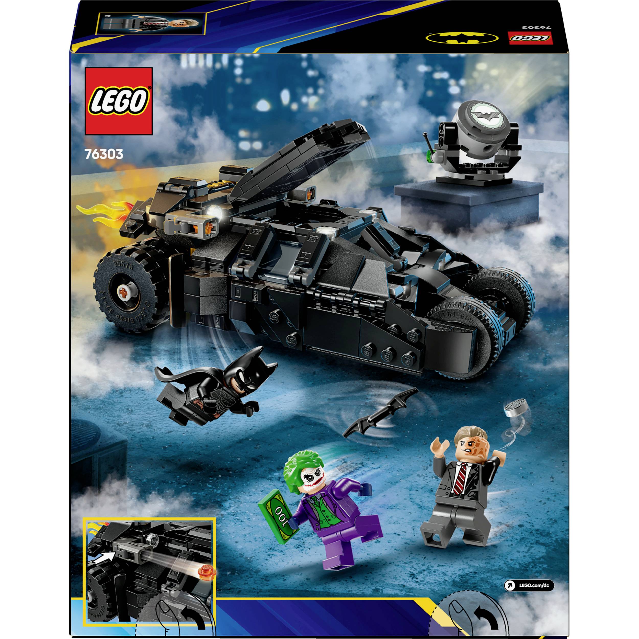 Stavebnice Lego s Batmobilem z filmu Batman. Obsahuje minifigurky Batmana a dvou dalších postav. Pozadí noční metropole.