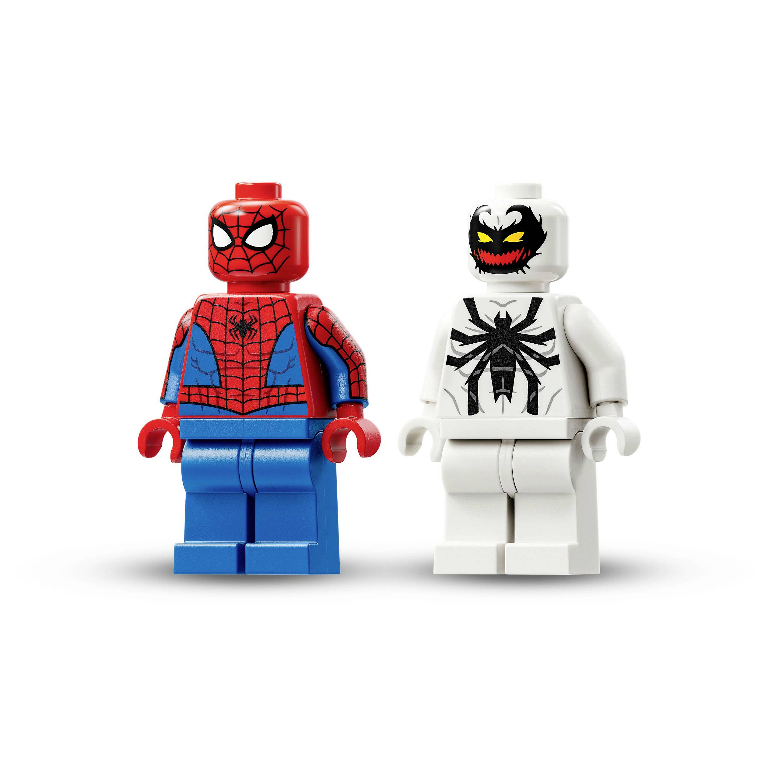 Dvě LEGO figurky: Vlevo Spiderman v červeném obleku s modrými detaily, vpravo bílá figurka s černým pavučinovým motivem.