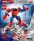 Lego stavebnice 76308: Červeno-modrý robot s tématem Spider-Mana pózuje v akční póze před městskou kulisou, zatímco mini Spider-Man se houpá.