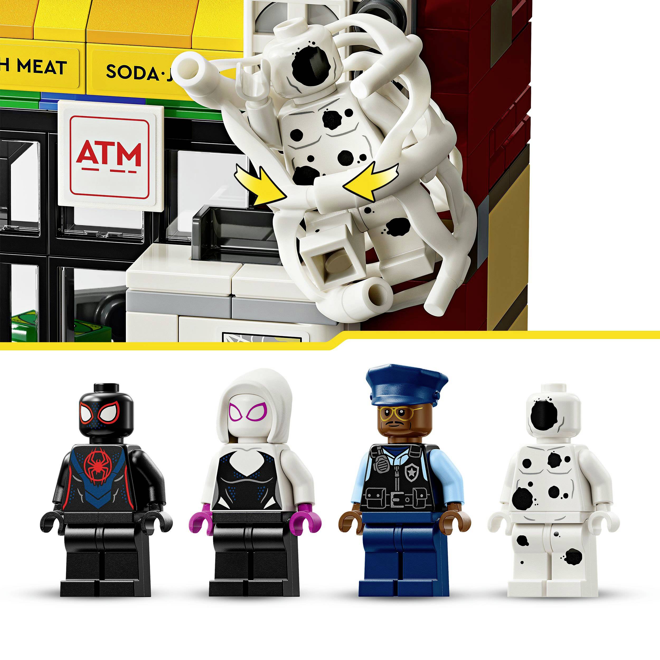 Čtyři LEGO figurky: tři v kostýmech superhrdinů a jedna jako policista. V pozadí automat s chapadly.