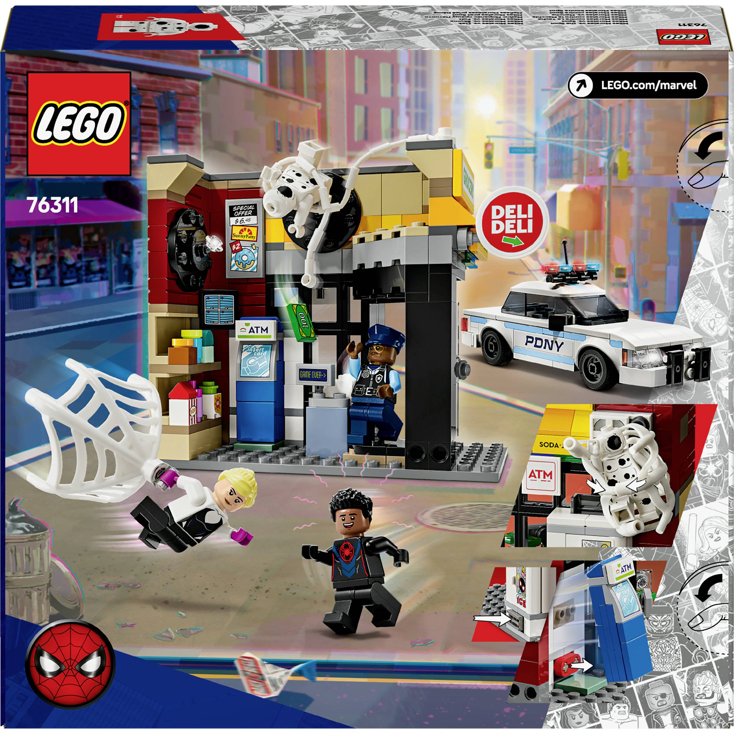 Sada Lego s motivy superhrdiny: Banka s bankomate, dvě figurky a policejní auto v městském prostředí.