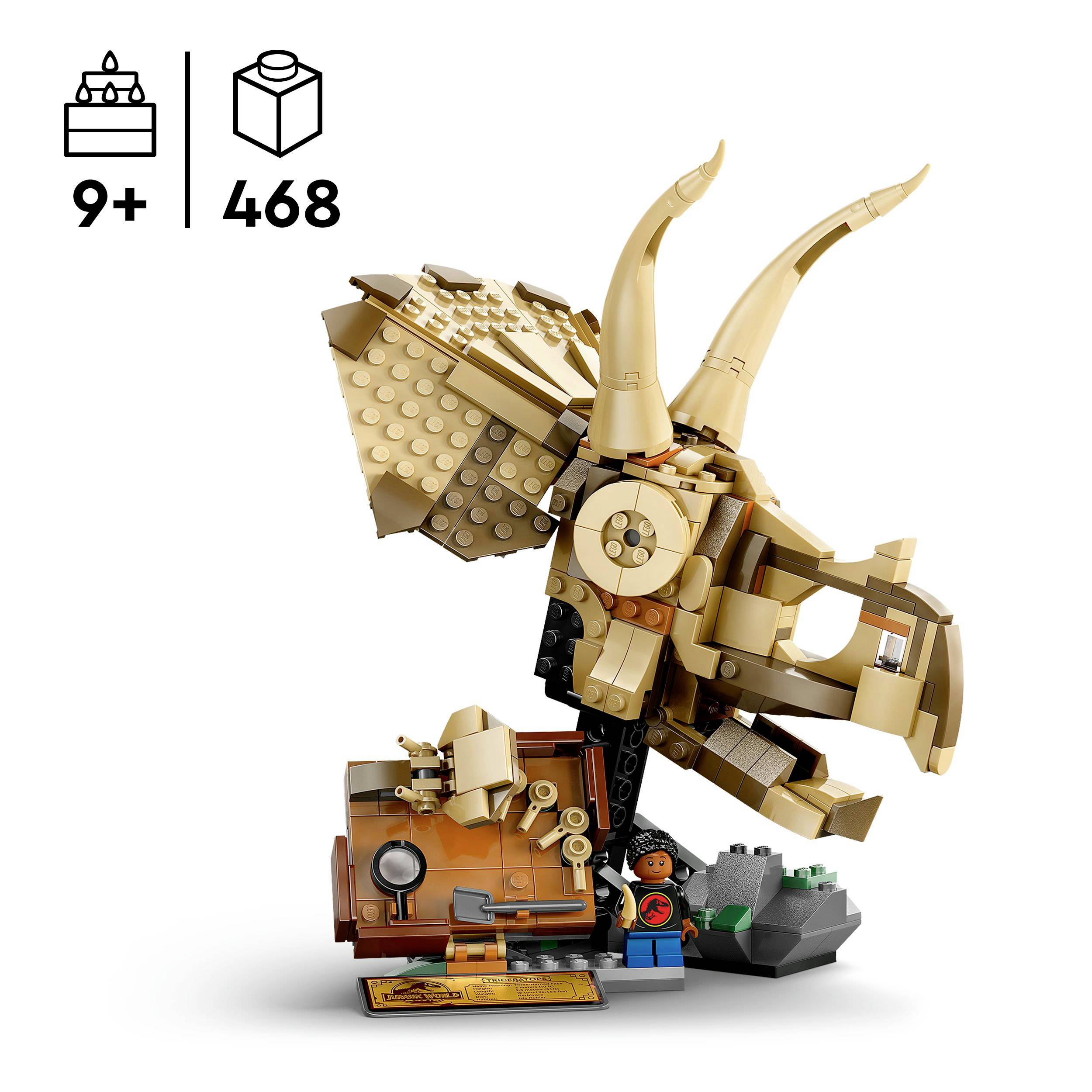 LEGO sada pro děti od 9 let s 468 kostkami, zobrazující hlavu dinosaura s pohyblivými prvky.