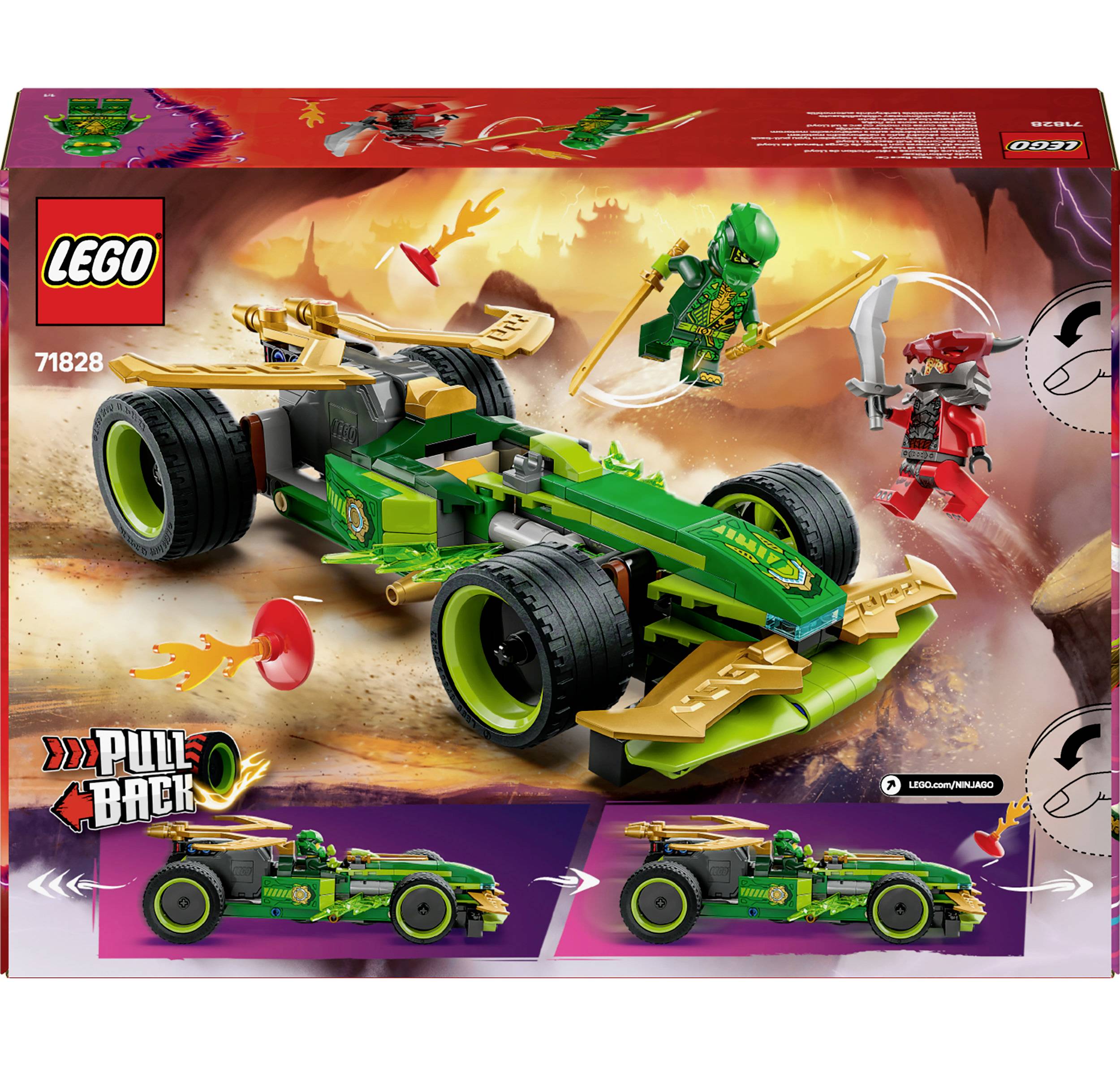 LEGO sada: Zelené závodní auto se zpětným chodem. Dvě figurky, jedna v zelené, jedna v červené barvě s mečem. Krabice zobrazuje závodní auto a figurky.
