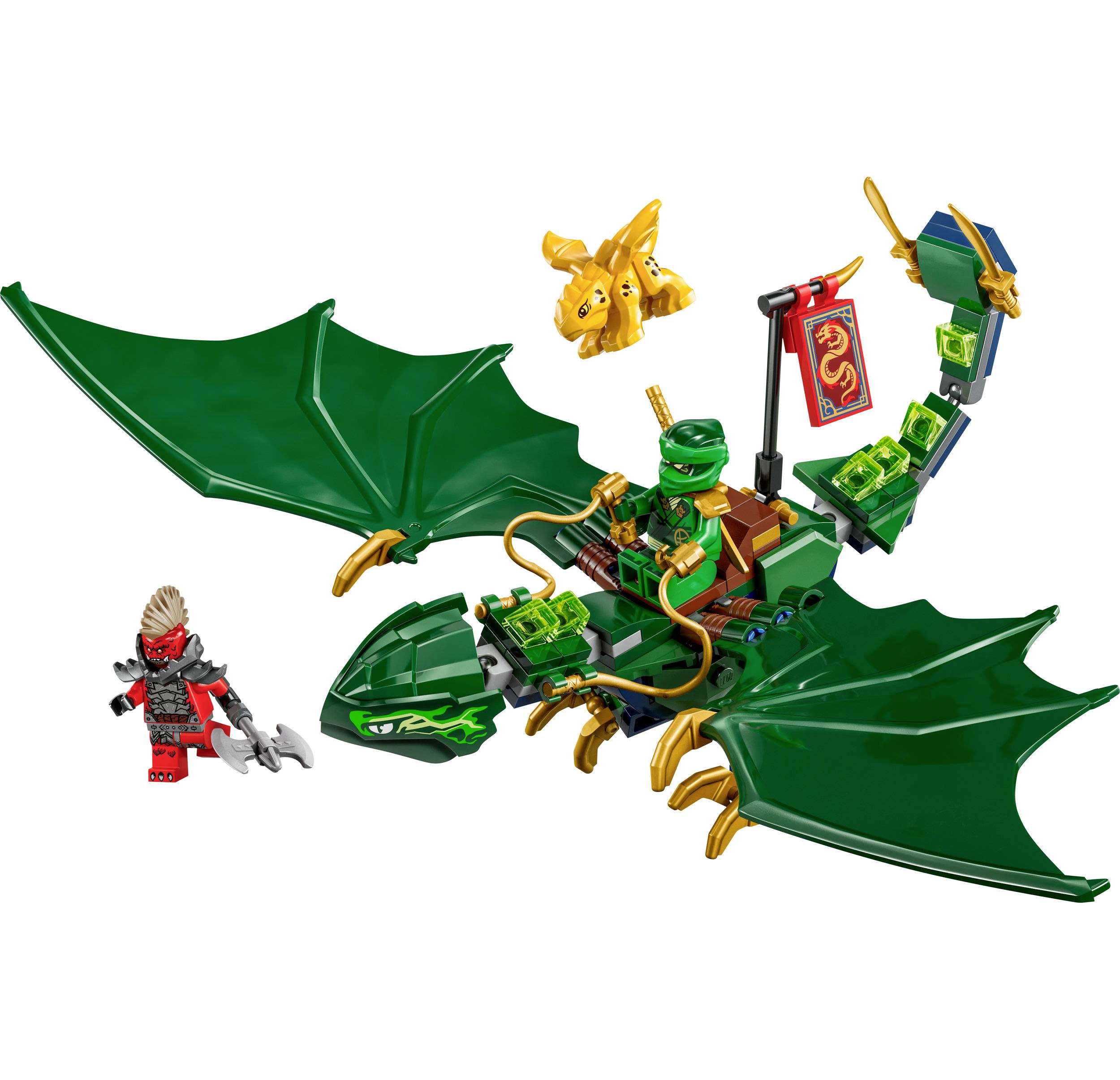 Zelený LEGO model draka s křídly a jezdcem v zelené zbroji, doprovázený malou červenou LEGO figurkou s šedou hlavou.