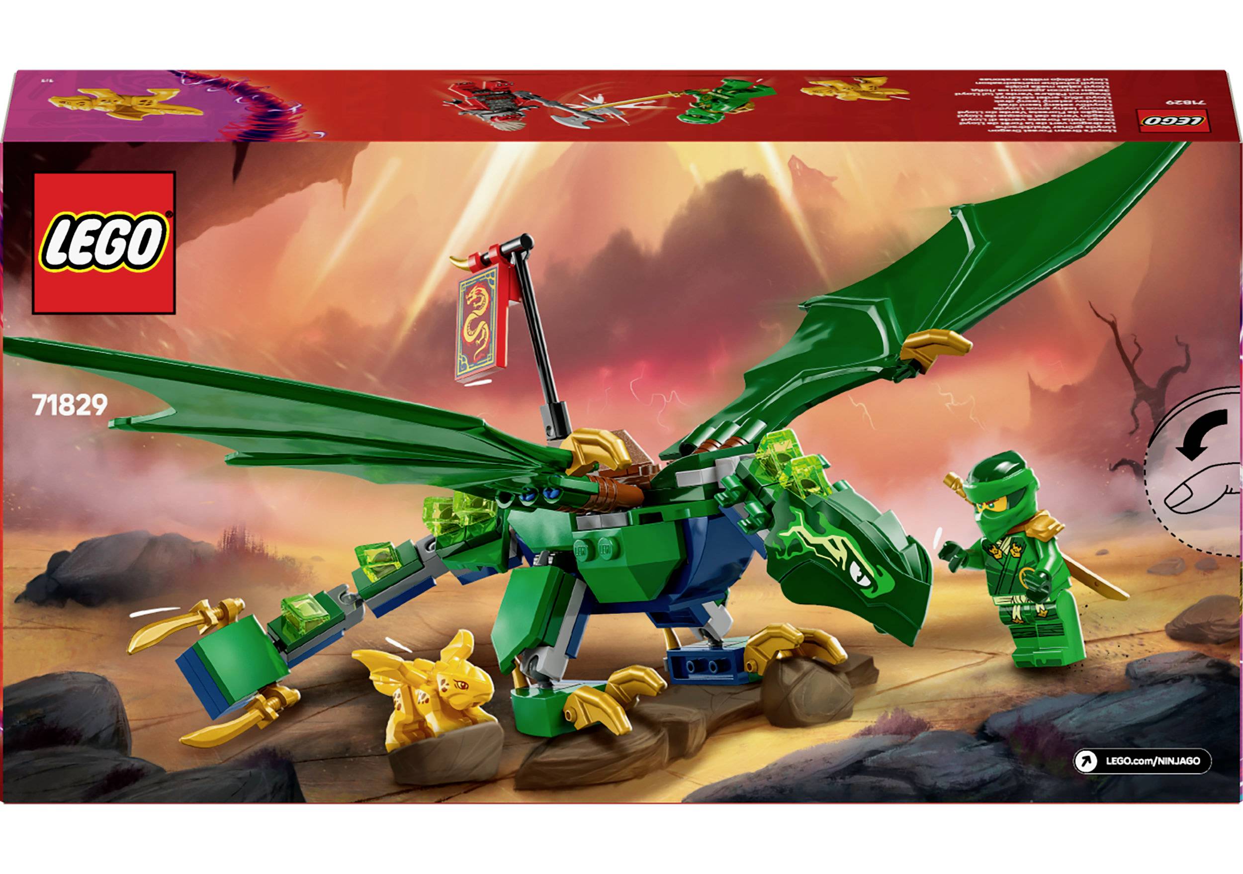 Lego sada s zeleným drakem a figurkou v zeleném oblečení na skalnaté krajině. Obal zobrazuje logo Lego.