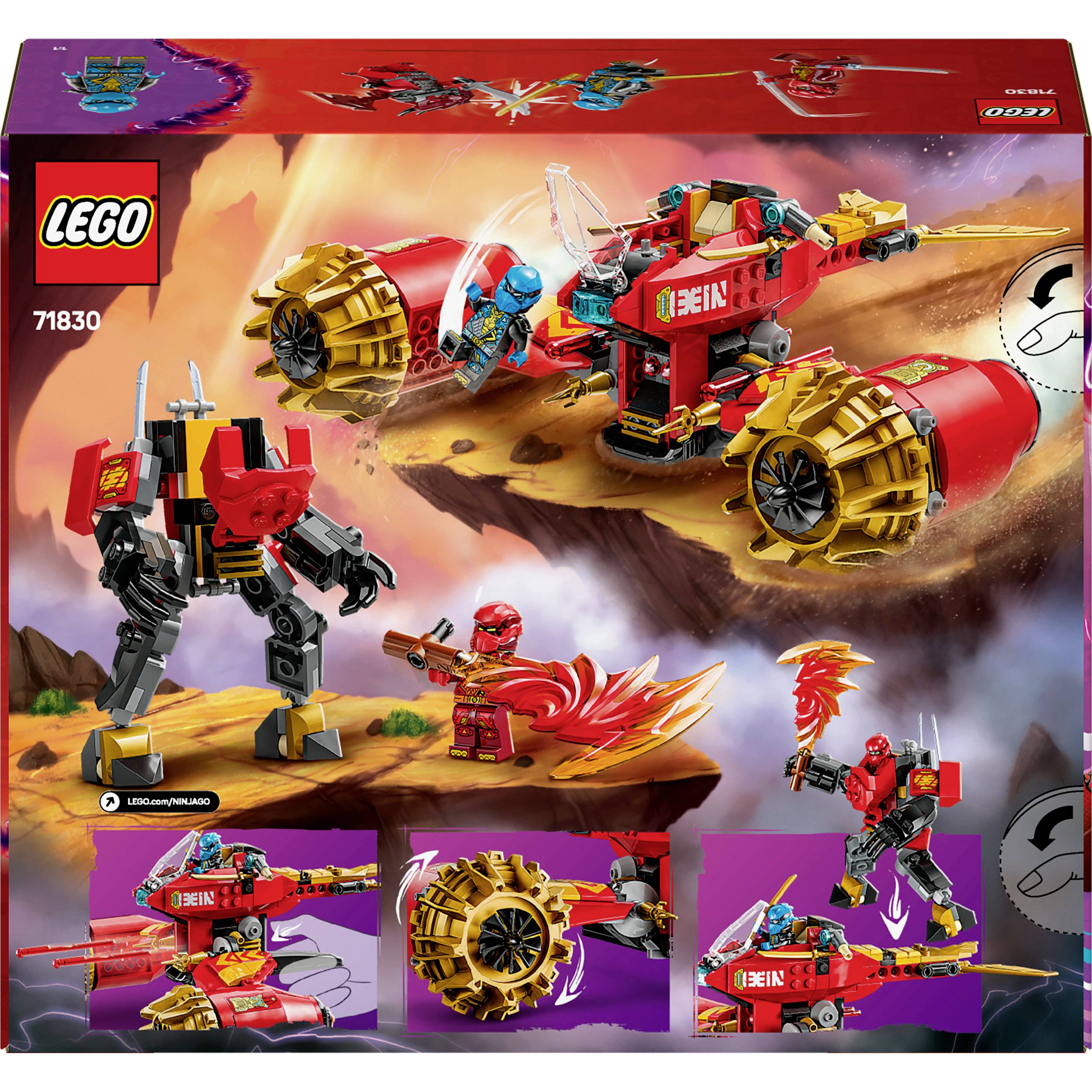 LEGO sada 71830 zobrazuje mechanické vozidlo s velkými koly a akční figurku v dynamické bojové scéně.