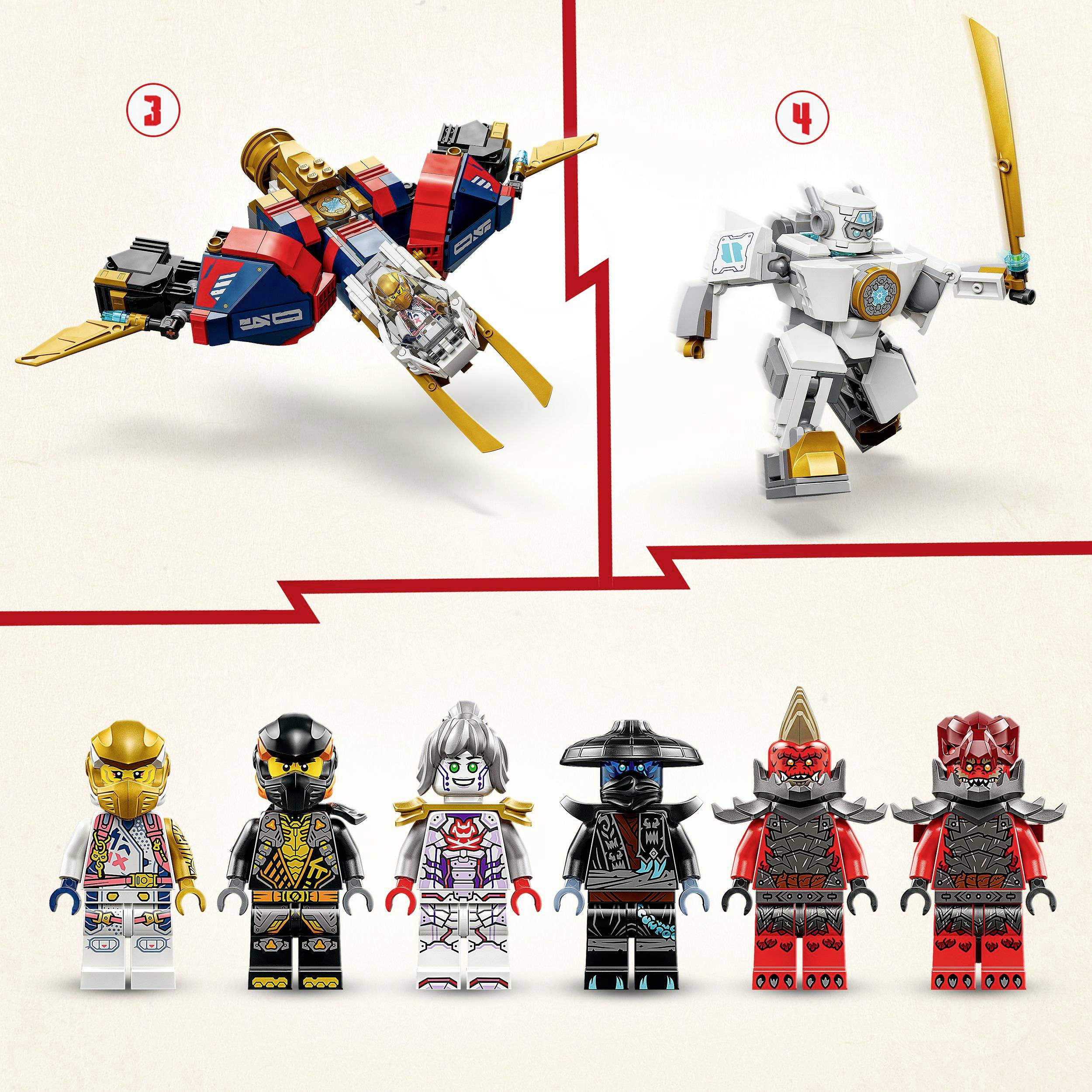 Vesmírná loď (3) a robot s mečem (4) z LEGA. Níže stojí sedm LEGO figurek v detailních kostýmech.