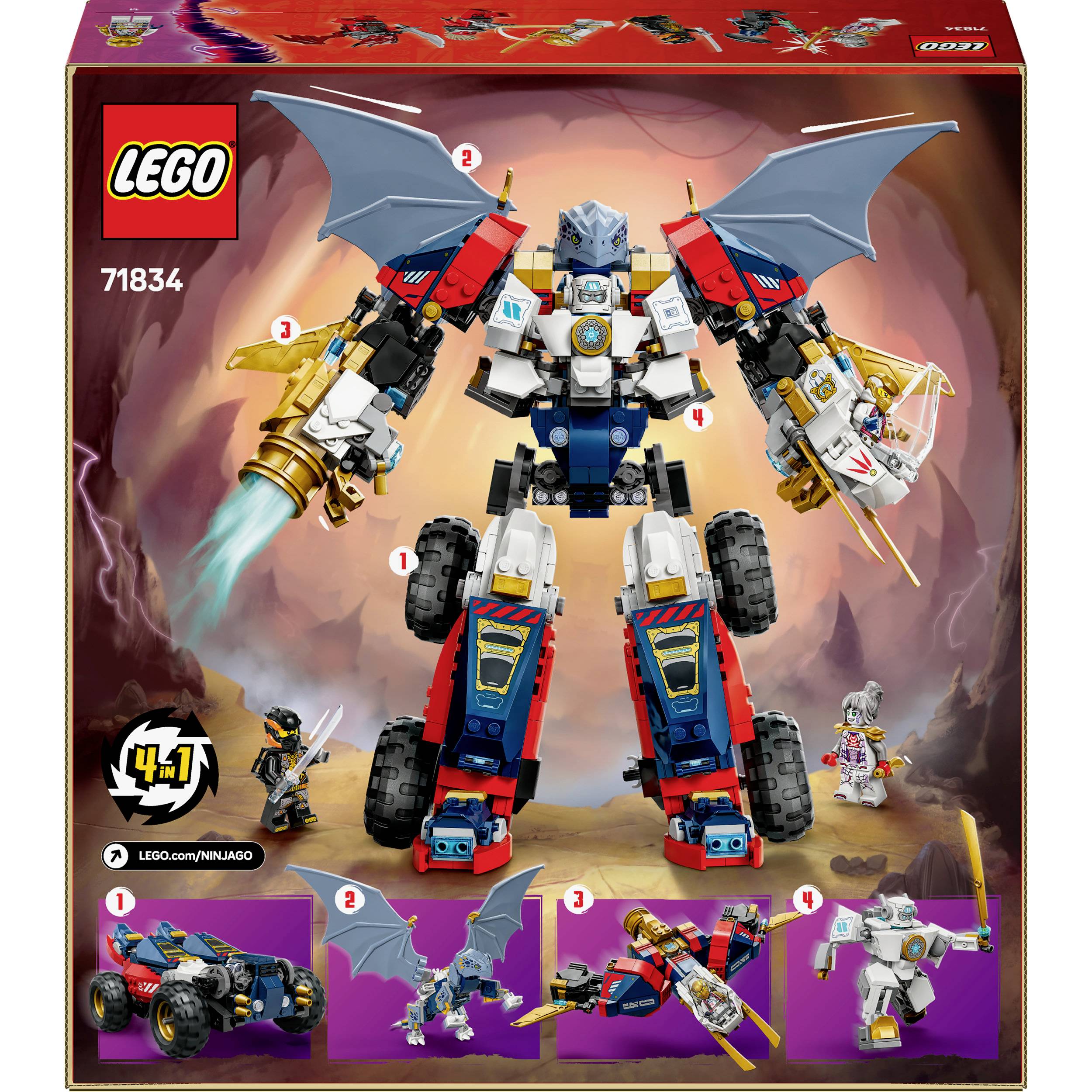 LEGO sada 71834 zobrazuje velkého mechanického robota s křídly a zbraněmi, doprovázeného menšími figurkami. Obsahuje stavební návod.