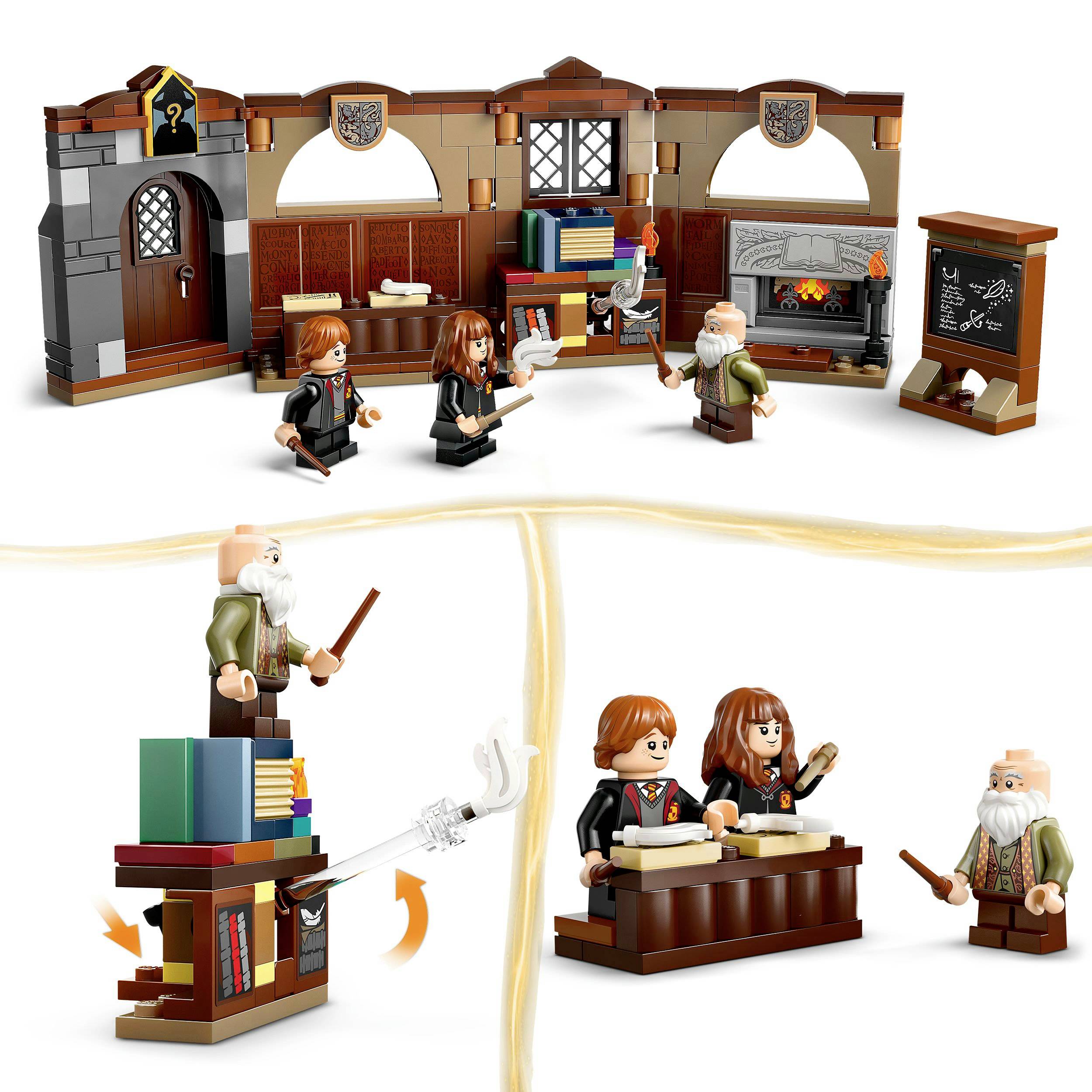 Lego sada znázorňuje kouzelnou školní třídu s učiteli, žáky a vybavením učebny. Žáci procvičují kouzelnické zaklínadla.