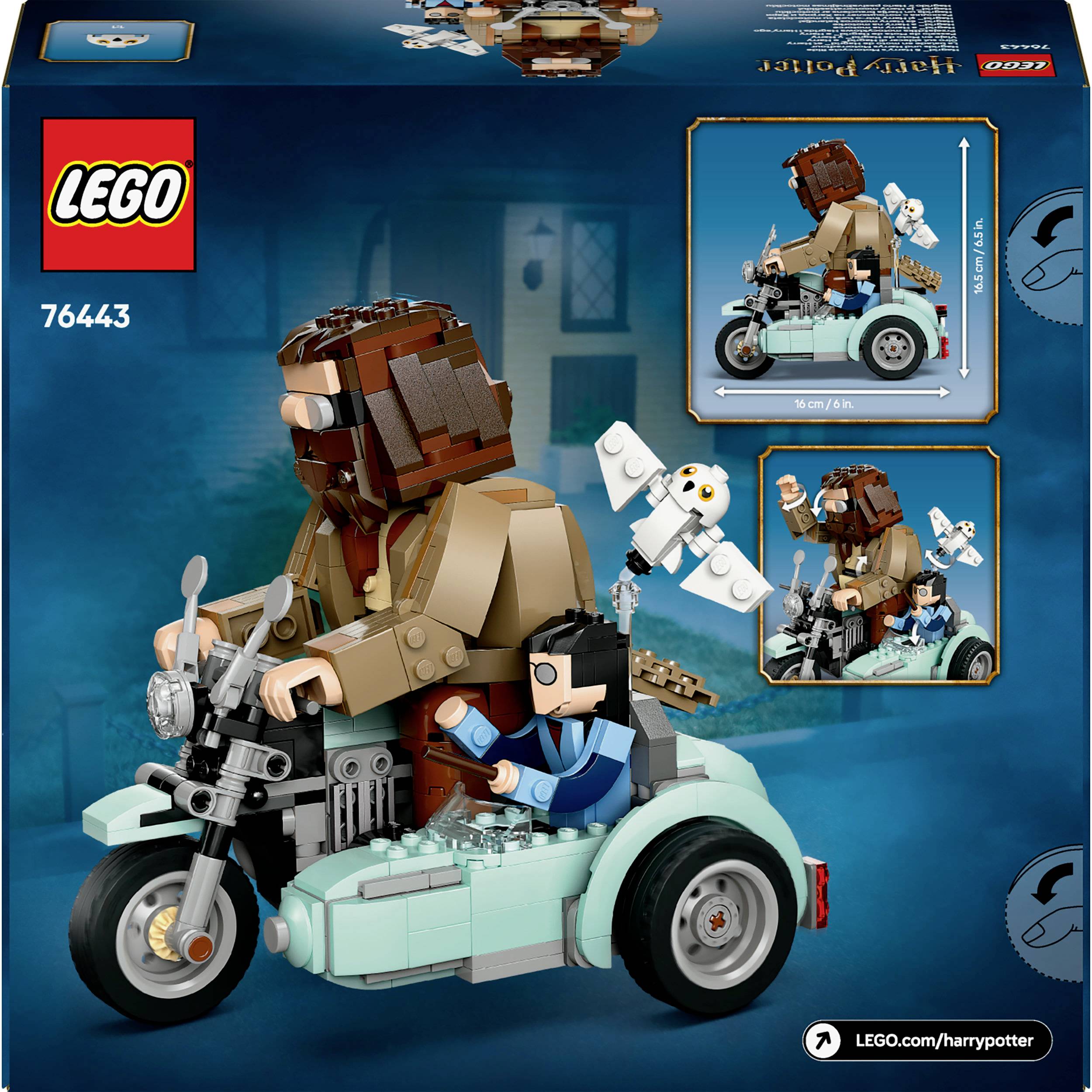 LEGO stavebnice: Dvě figurky na motorce s postranním vozíkem. Postava s hnědým plnovousem řídí, zatímco menší figurka sedí vedle. Sova na zadní straně. Číslo sady: 76453.
