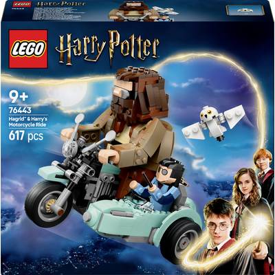LEGO sada 'Hagridova motorková jízda' s Hagridem a Harrym Potterem na motorce s postranním vozíkem. Obsahuje 617 dílků, doporučeno pro děti od 9 let.