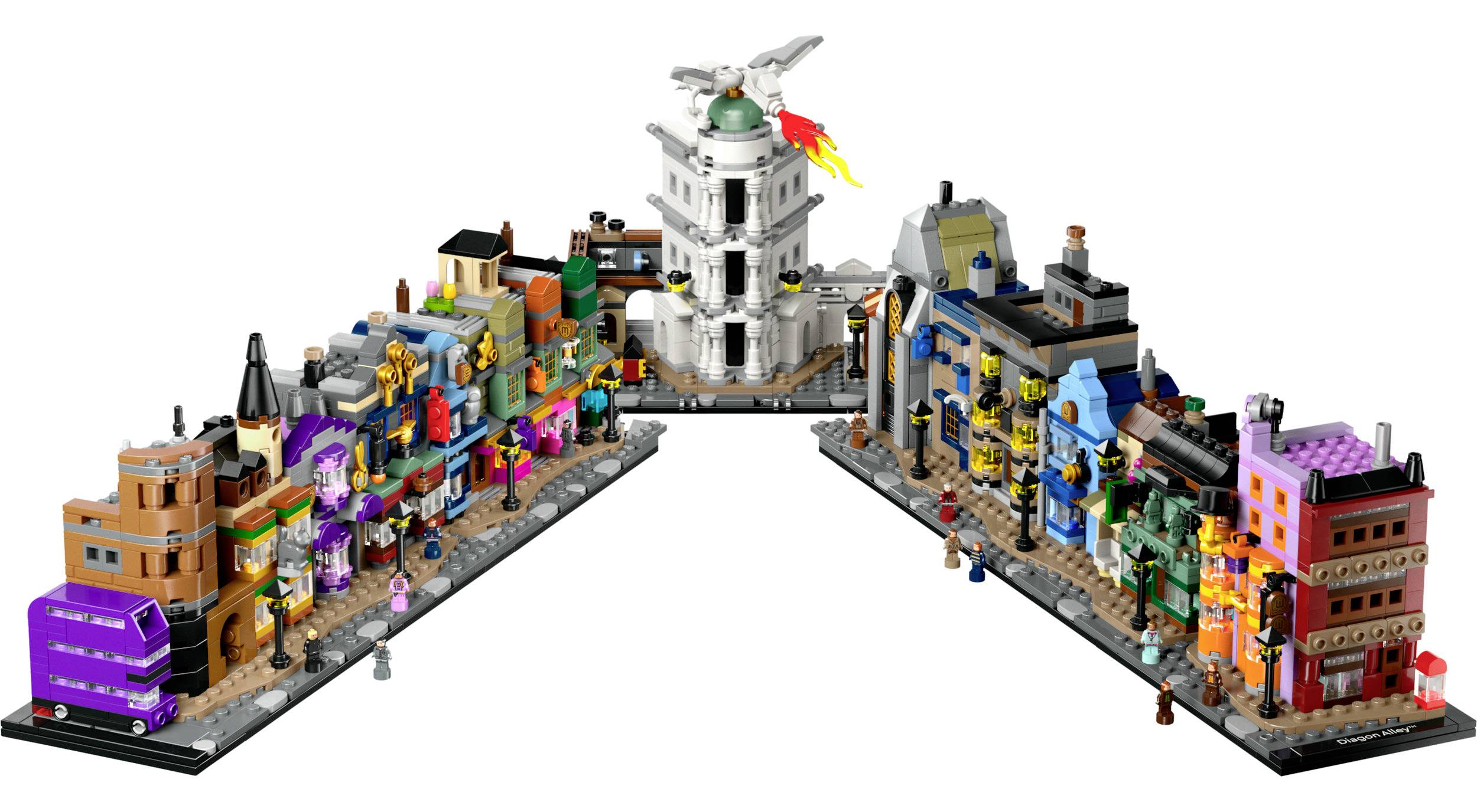 Trojdílné LEGO diorama s dvěma pestrobarevnými uličkami, které vedou k bílé budově s figurkou draka.